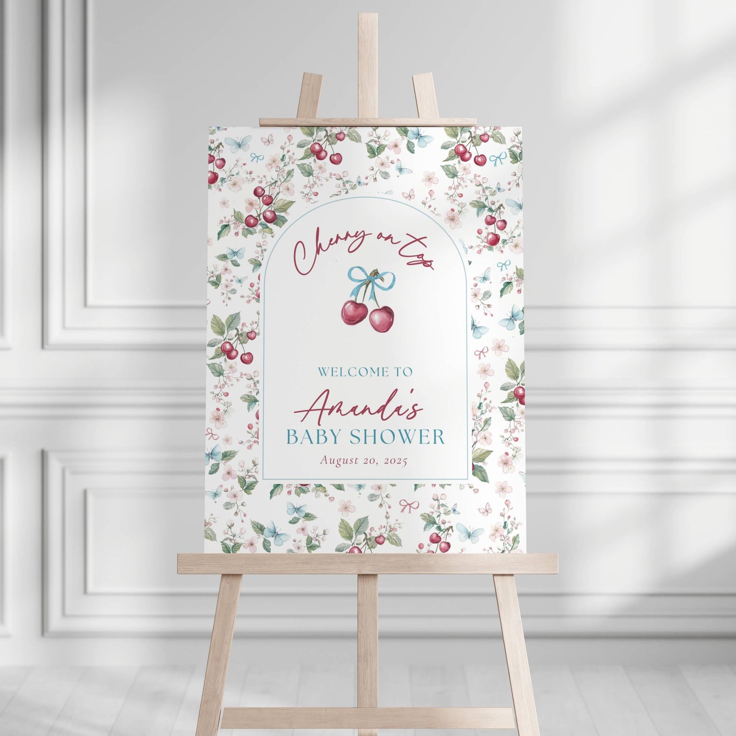 Custom Cherry On Top Baby Shower Sign Coquette Cherry Shower Welcome Sign Cherry Bow Editable Template Welcome Banner Cherry on Top Sign - LAUMIANstudio