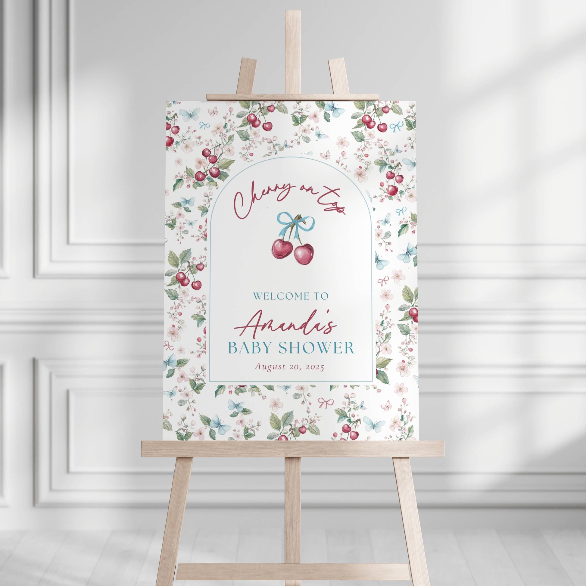 Custom Cherry On Top Baby Shower Sign Coquette Cherry Shower Welcome Sign Cherry Bow Editable Template Welcome Banner Cherry on Top Sign - LAUMIANstudio