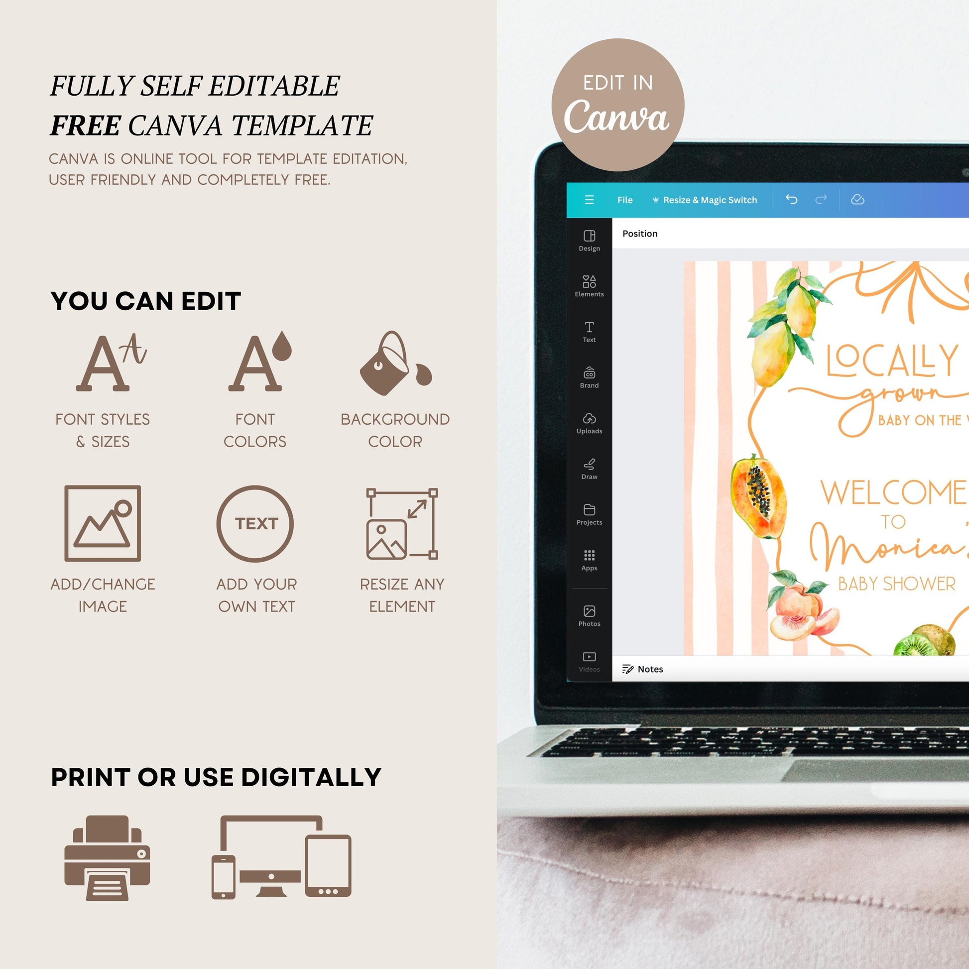 Summer Baby Shower Welcome Sign Orange Stripe Sign Editable Template Exotic Fruit Poster Baby Shower Locally Grown Baby on the Way Poster - LAUMIANstudio