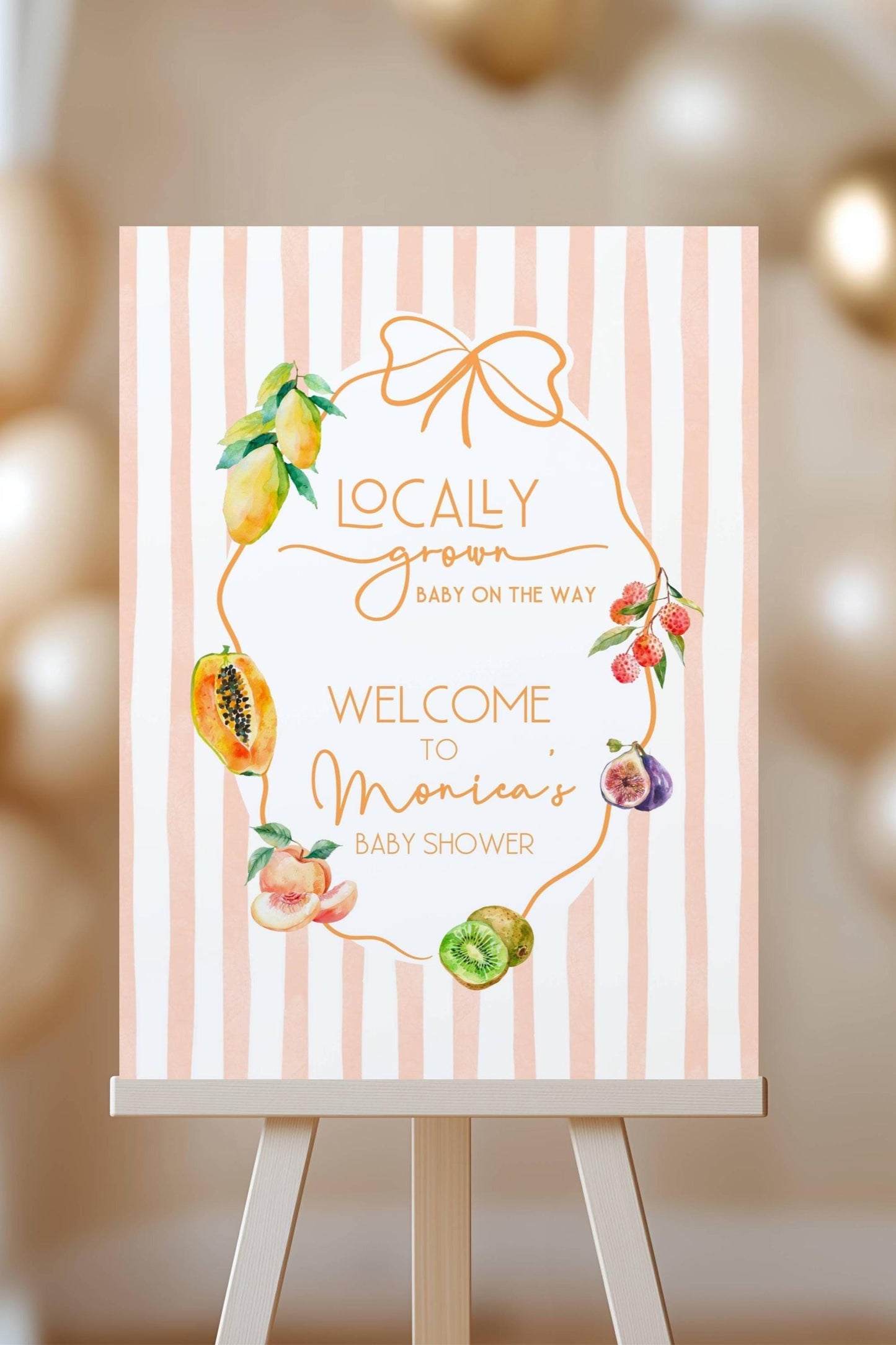 Summer Baby Shower Welcome Sign Orange Stripe Sign Editable Template Exotic Fruit Poster Baby Shower Locally Grown Baby on the Way Poster - LAUMIANstudio
