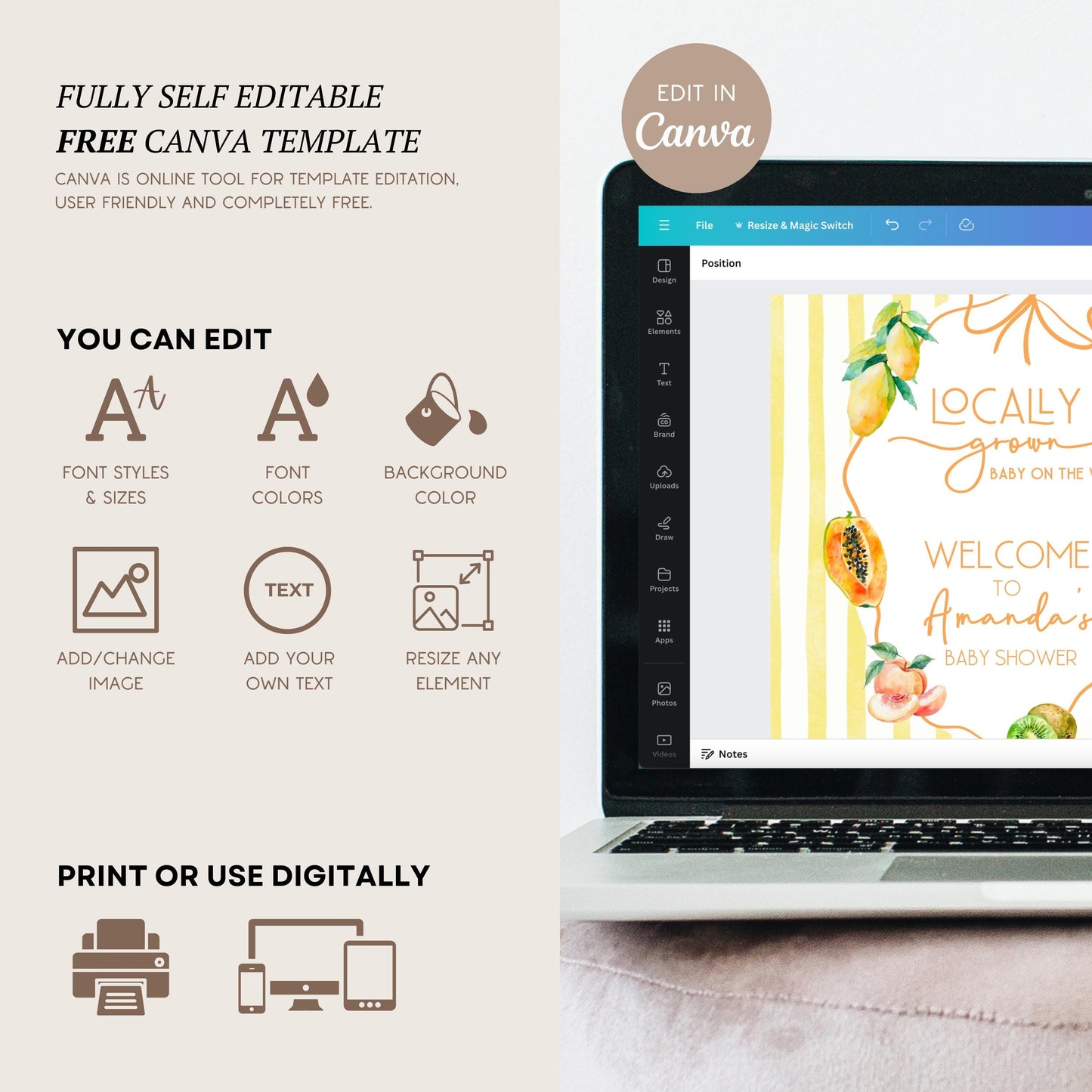Fruit Summer Baby Shower Welcome Sign Fruit Locally Grown Baby Shower Sign Exotic Fruit Shower Board Citrus Shower Editable Canva Template - LAUMIANstudio