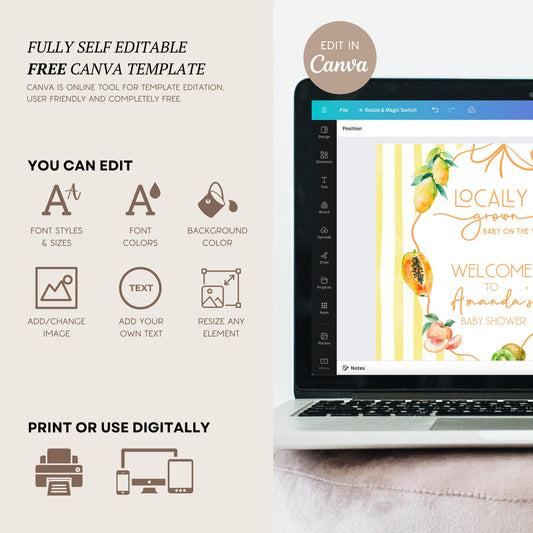 Fruit Summer Baby Shower Welcome Sign Fruit Locally Grown Baby Shower Sign Exotic Fruit Shower Board Citrus Shower Editable Canva Template - LAUMIANstudio