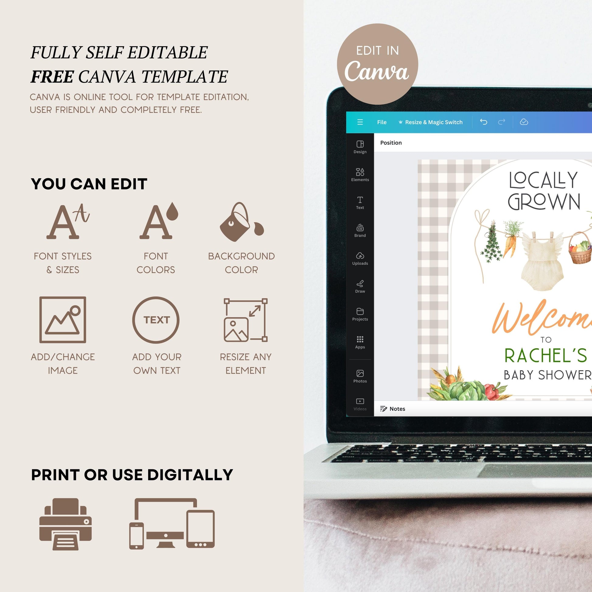 Locally Grown Girl Baby Shower Welcome Sign Template Editable Locally Grown Clothesline Poster Vegetable Market Welcome Sign Farmer Market - LAUMIANstudio