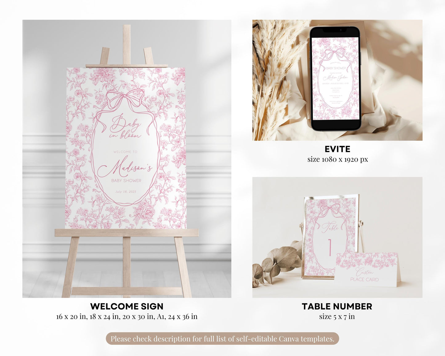 Baby in Bloom Baby Shower Bundle Dusty Pink Bow Baby Shower Sign Vintage Pink Invite Template Rose Bow Shower Bundle Chinoiserie Floral Sign - LAUMIANstudio