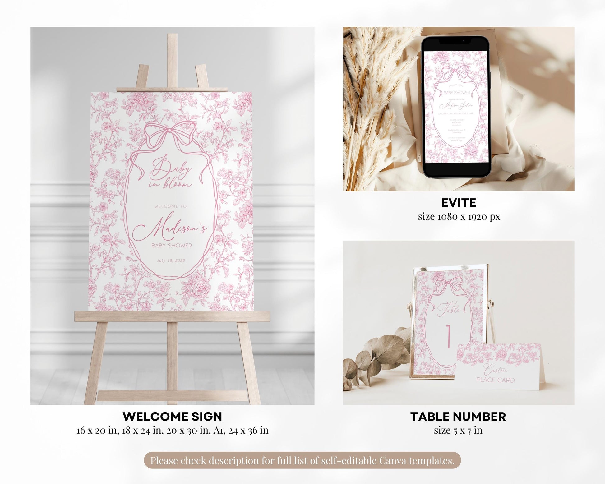 Baby in Bloom Baby Shower Bundle Dusty Pink Bow Baby Shower Sign Vintage Pink Invite Template Rose Bow Shower Bundle Chinoiserie Floral Sign - LAUMIANstudio