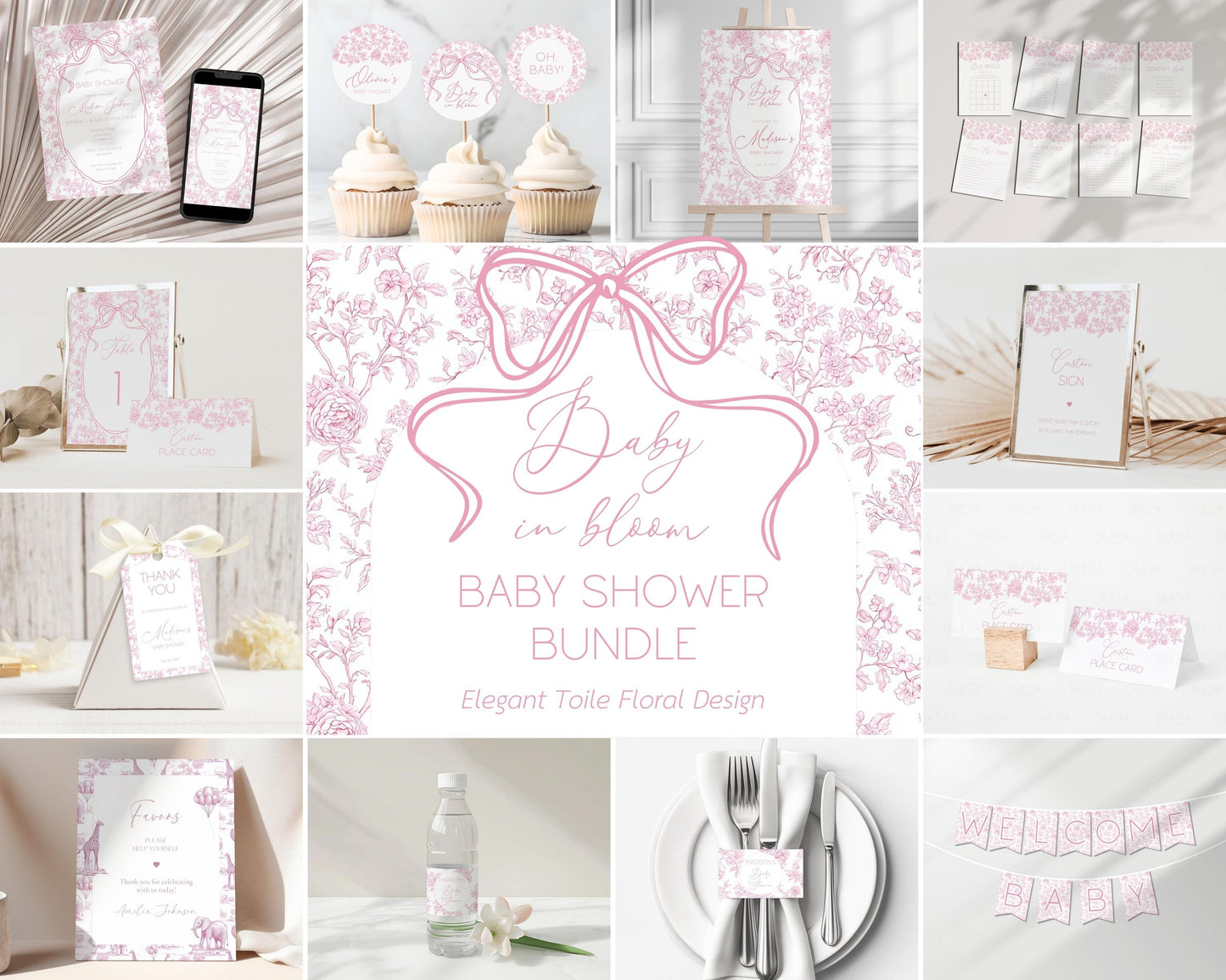 Pink Floral Baby Shower Bundle Editable Toile Flower Shower Bundle Template Dusty Pink Toile de Jouy Shower Decor Elegant Summer Shower Sign - LAUMIANstudio