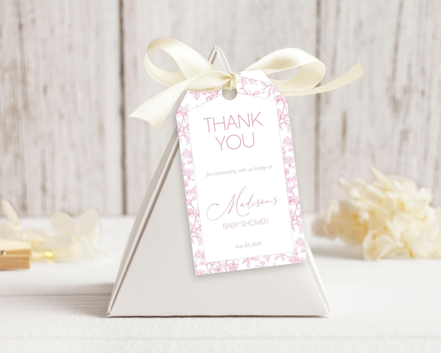 Pink Toile Floral Favor Tag Baby in Bloom Shower Circle Favor Tag Editable Template Rectangle Chinoiserie Favor Tag Printable Party Gift Tag - LAUMIANstudio