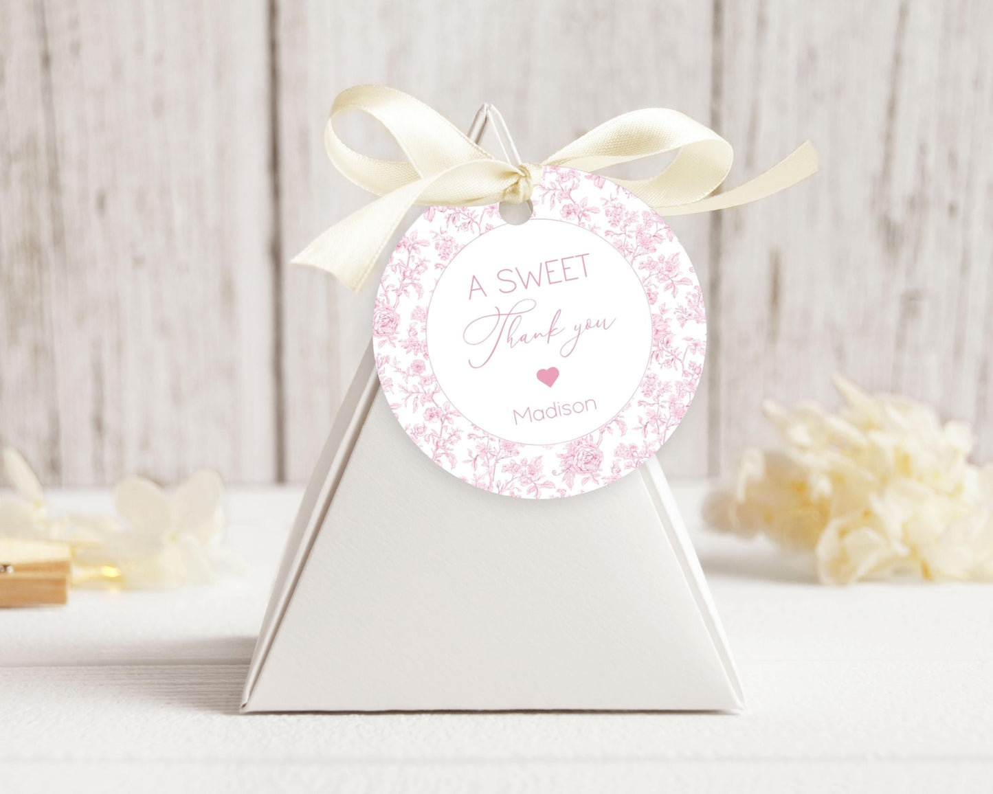 Pink Toile Floral Favor Tag Baby in Bloom Shower Circle Favor Tag Editable Template Rectangle Chinoiserie Favor Tag Printable Party Gift Tag - LAUMIANstudio