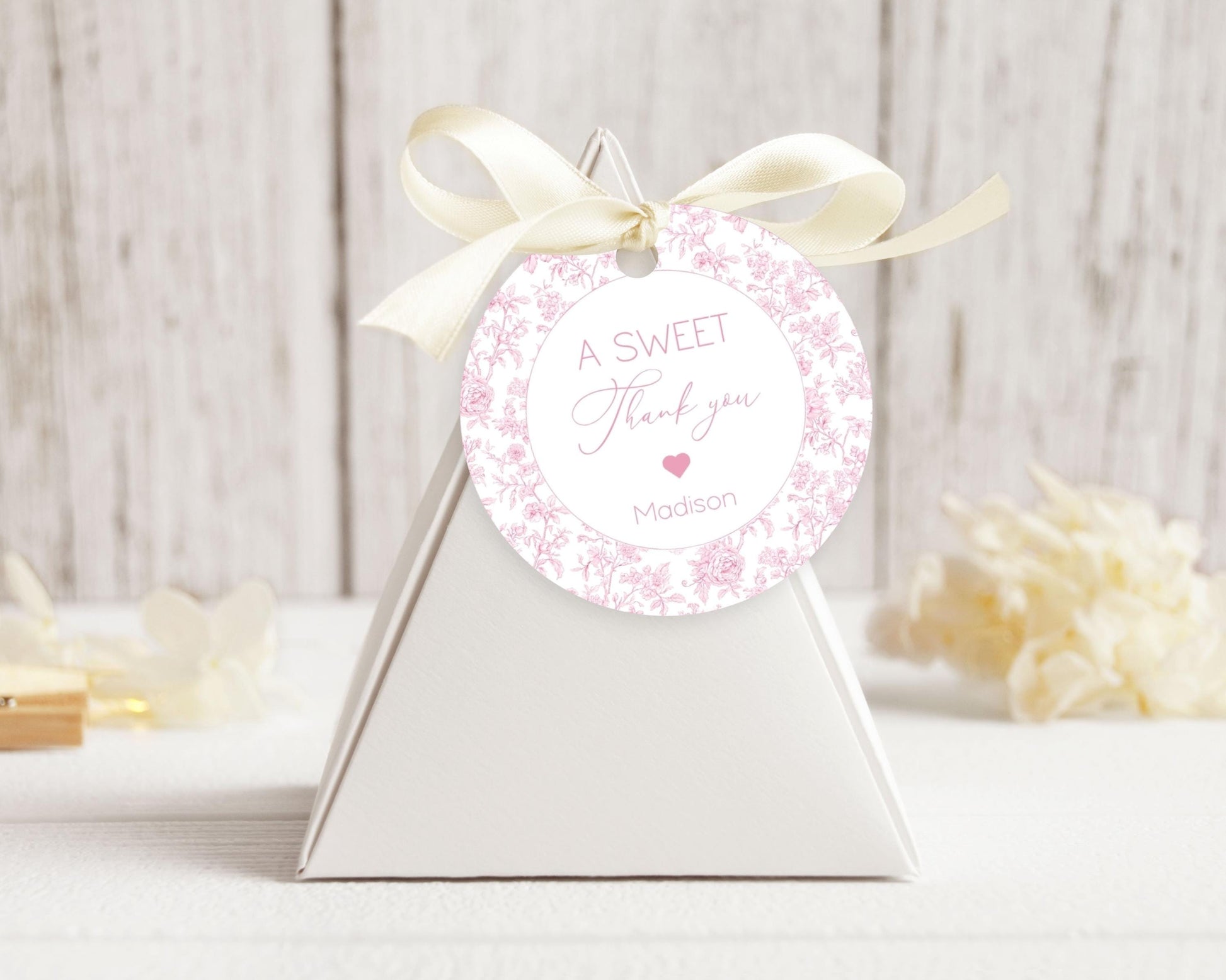 Pink Toile Floral Favor Tag Baby in Bloom Shower Circle Favor Tag Editable Template Rectangle Chinoiserie Favor Tag Printable Party Gift Tag - LAUMIANstudio