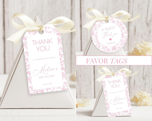 Pink Toile Floral Favor Tag Baby in Bloom Shower Circle Favor Tag Editable Template Rectangle Chinoiserie Favor Tag Printable Party Gift Tag - LAUMIANstudio
