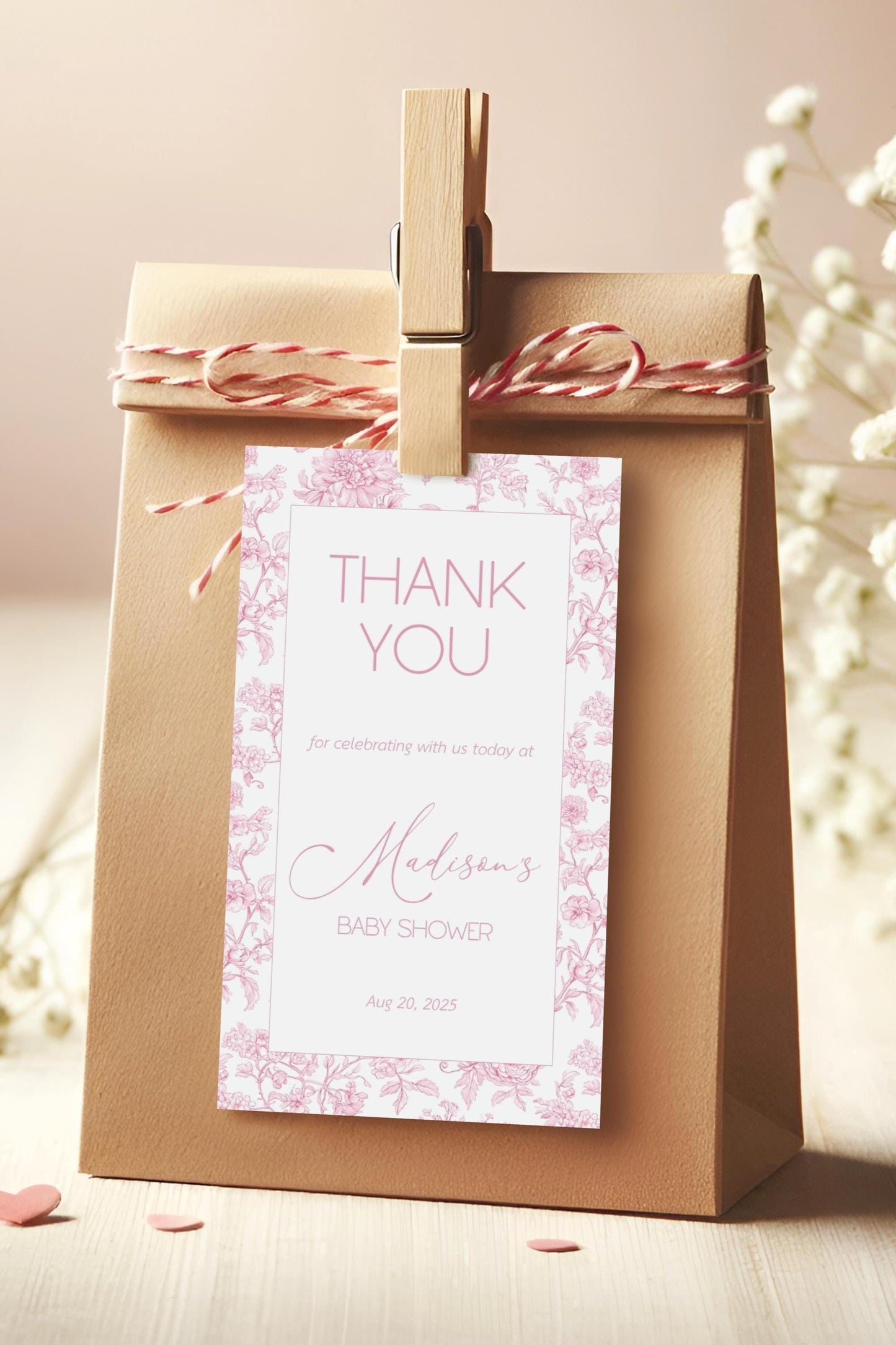 Pink Toile Floral Favor Tag Baby in Bloom Shower Circle Favor Tag Editable Template Rectangle Chinoiserie Favor Tag Printable Party Gift Tag - LAUMIANstudio
