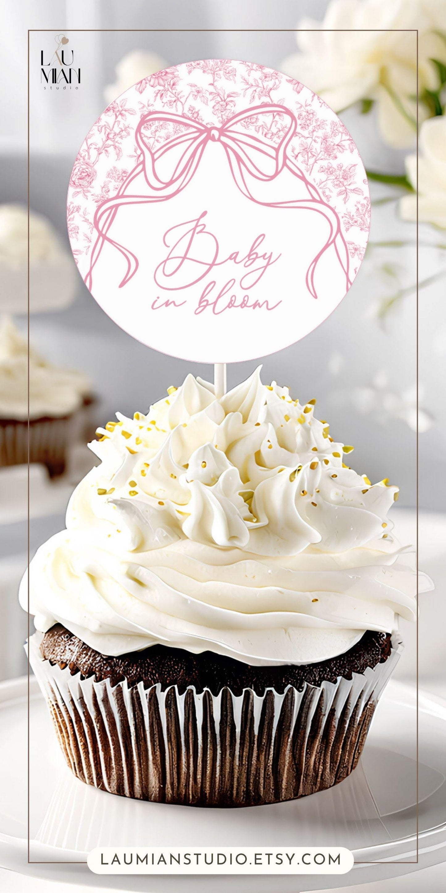 Pink Bow Cupcake Topper Baby Shower Decor Blush Pink Toile Cupcake Topper Canva Template Pink Floral Cake Dessert Decor Baby in Bloom - LAUMIANstudio