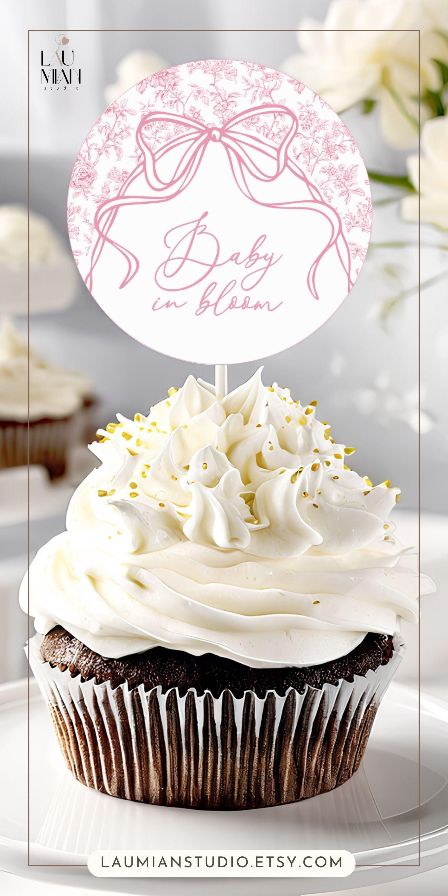 Pink Bow Cupcake Topper Baby Shower Decor Blush Pink Toile Cupcake Topper Canva Template Pink Floral Cake Dessert Decor Baby in Bloom - LAUMIANstudio