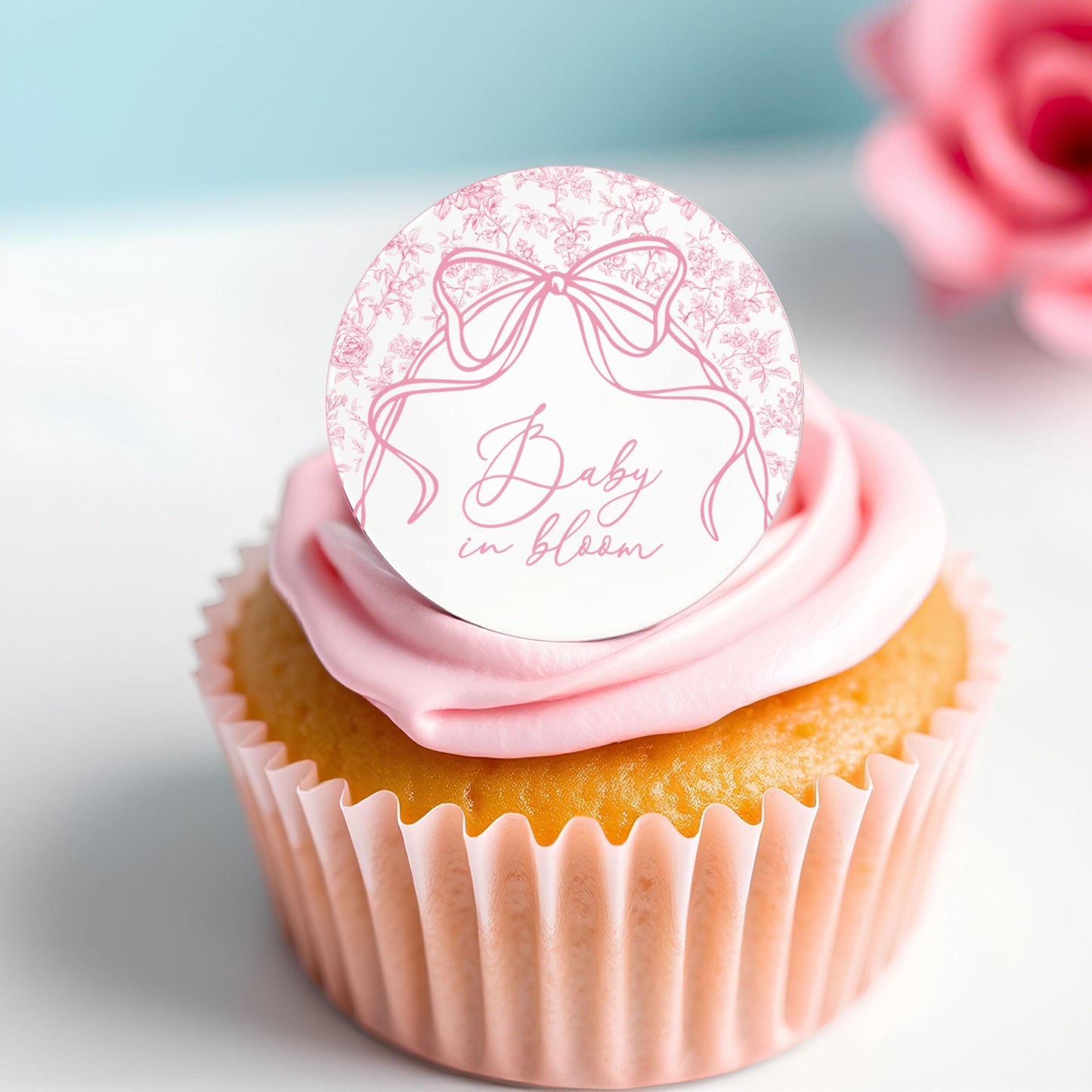 Pink Bow Cupcake Topper Baby Shower Decor Blush Pink Toile Cupcake Topper Canva Template Pink Floral Cake Dessert Decor Baby in Bloom - LAUMIANstudio