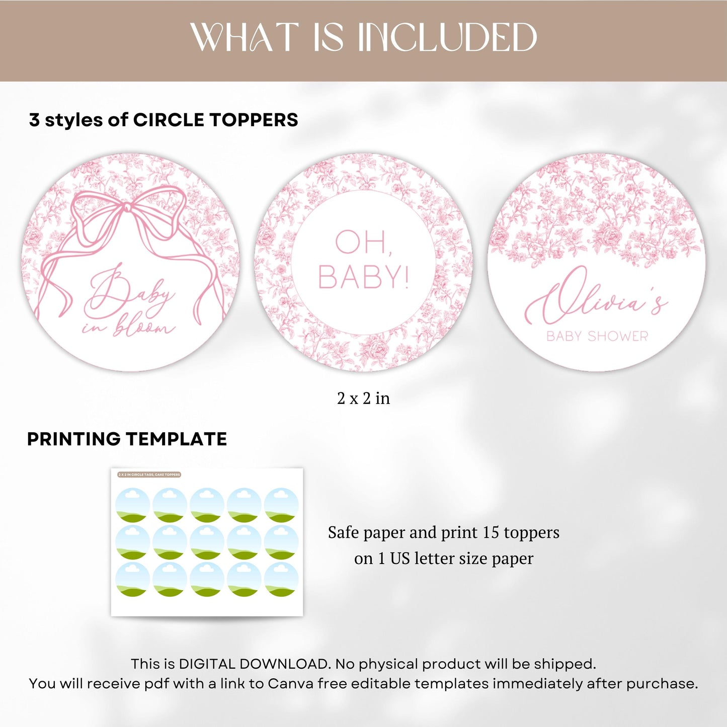 Pink Bow Cupcake Topper Baby Shower Decor Blush Pink Toile Cupcake Topper Canva Template Pink Floral Cake Dessert Decor Baby in Bloom - LAUMIANstudio