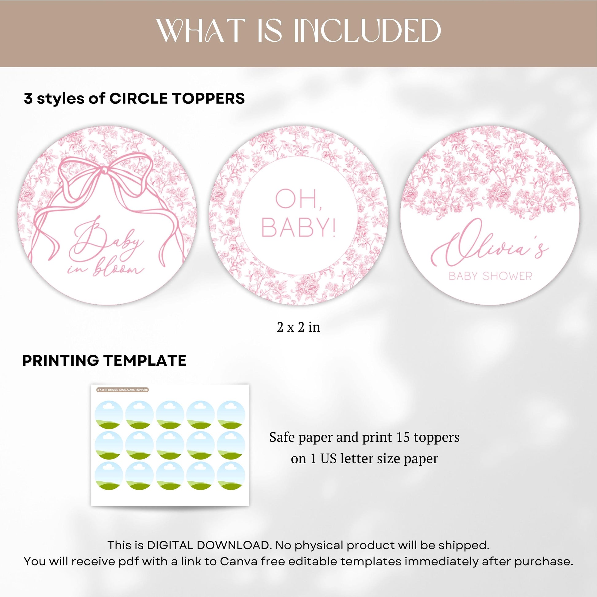 Pink Bow Cupcake Topper Baby Shower Decor Blush Pink Toile Cupcake Topper Canva Template Pink Floral Cake Dessert Decor Baby in Bloom - LAUMIANstudio