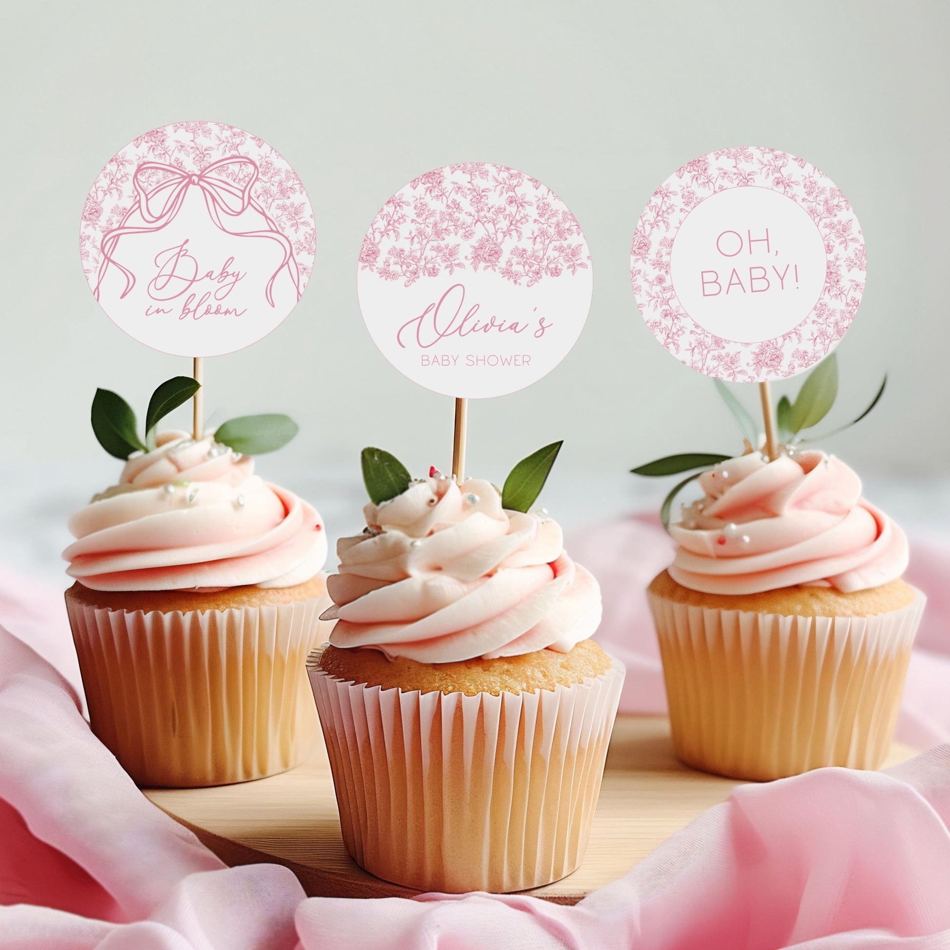 Pink Bow Cupcake Topper Baby Shower Decor Blush Pink Toile Cupcake Topper Canva Template Pink Floral Cake Dessert Decor Baby in Bloom - LAUMIANstudio