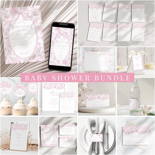 Baby in Bloom Baby Shower Bundle Dusty Pink Bow Baby Shower Sign Vintage Pink Invite Template Rose Bow Shower Bundle Chinoiserie Floral Sign - LAUMIANstudio