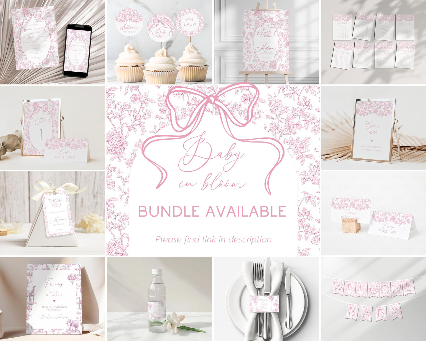 Pink Bow Mobile Invitation Template Baby Girl Shower Digital Invite Pink Floral Toile Evite Elegant Minimalist Invite Baby in Bloom Evite - LAUMIANstudio