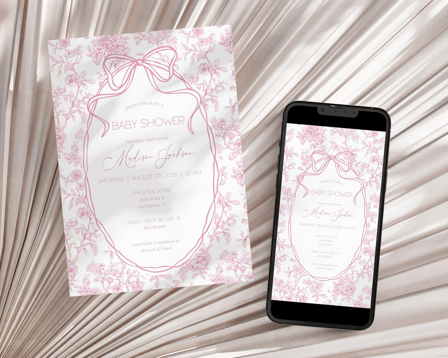 Pink Bow Invitation Template Pink Baby Girl Shower Evite Luxury Dior Style Blush Pink Digital Invite Pink Toile Floral Invitation DIY Canva - LAUMIANstudio