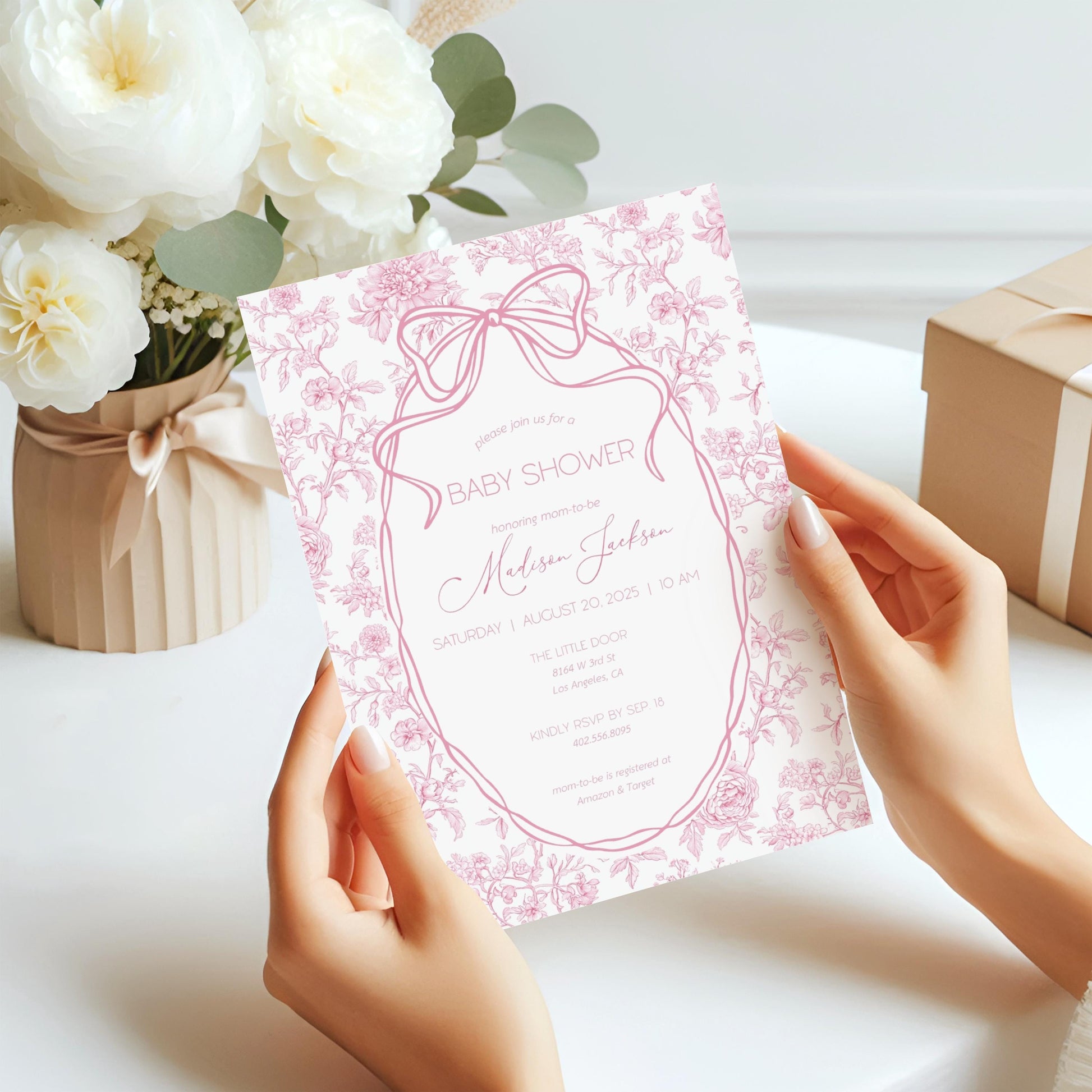 Baby in Bloom Shower Invitation Minimalist Pink Bow Invite Card Books for Baby Card Diaper Raffle Card Floral Shower Invitation Template - LAUMIANstudio
