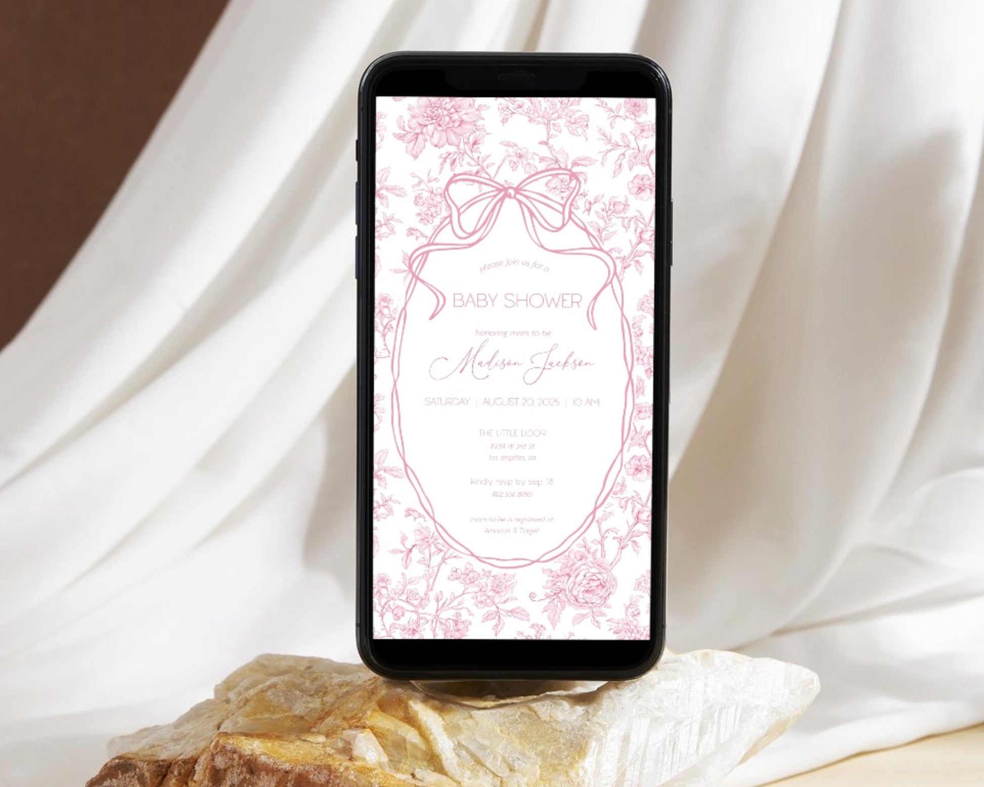 Pink Bow Invitation Template Pink Baby Girl Shower Evite Luxury Dior Style Blush Pink Digital Invite Pink Toile Floral Invitation DIY Canva - LAUMIANstudio