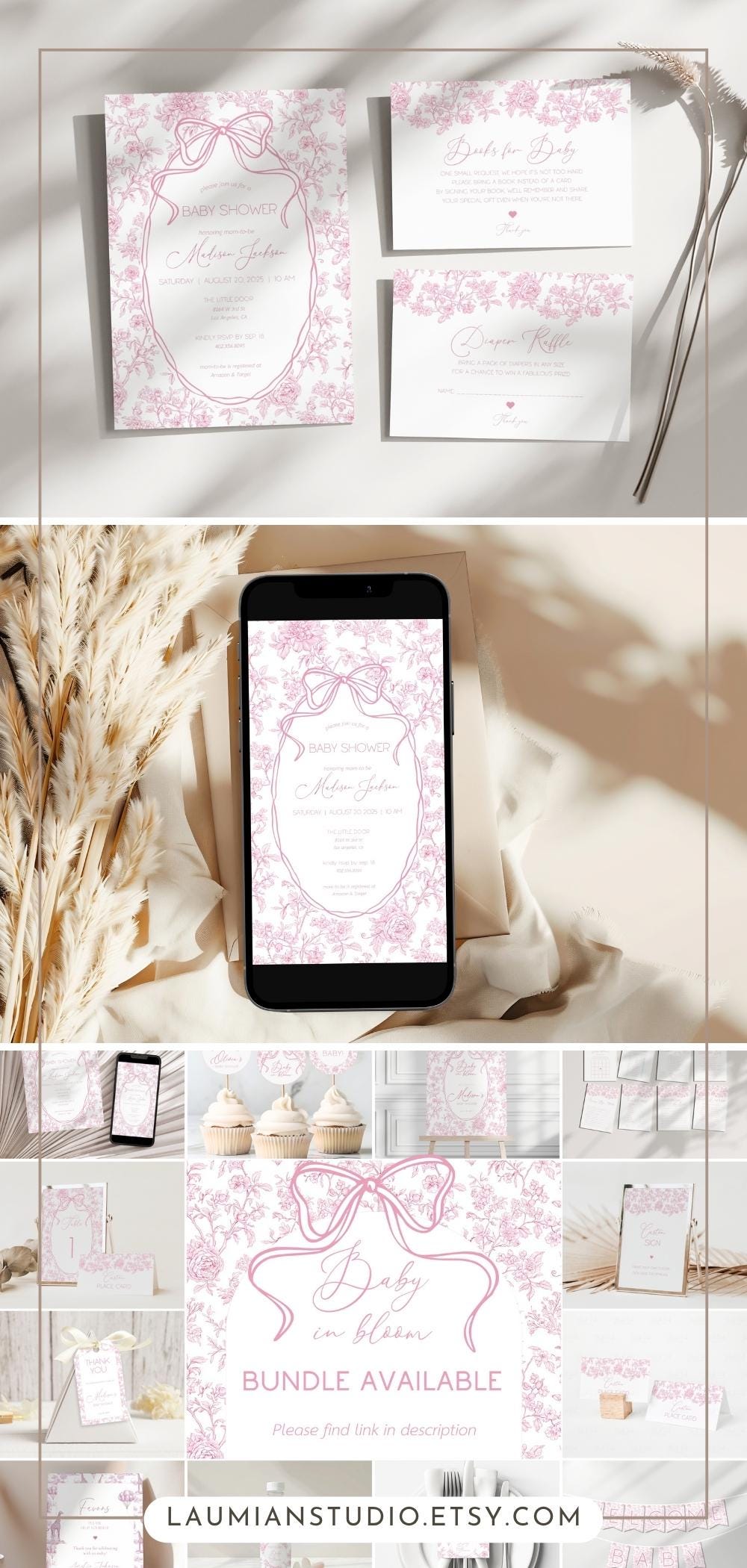 Baby in Bloom Shower Invitation Minimalist Pink Bow Invite Card Books for Baby Card Diaper Raffle Card Floral Shower Invitation Template - LAUMIANstudio