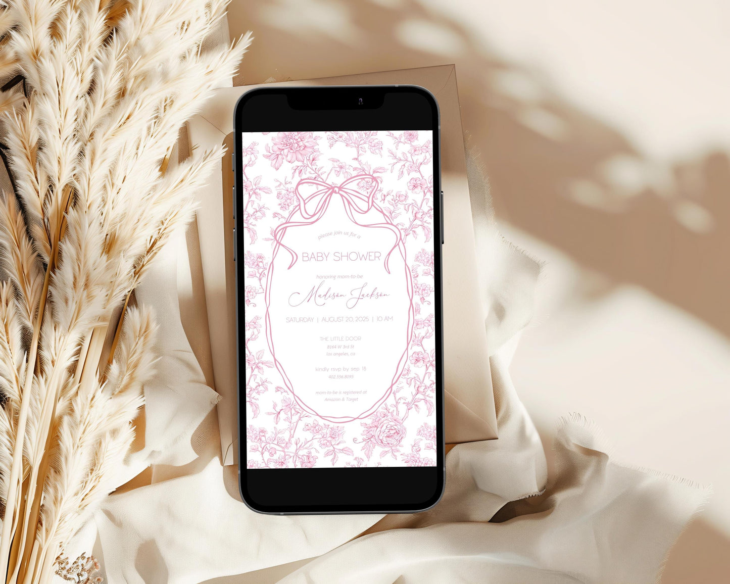 Pink Bow Mobile Invitation Template Baby Girl Shower Digital Invite Pink Floral Toile Evite Elegant Minimalist Invite Baby in Bloom Evite - LAUMIANstudio