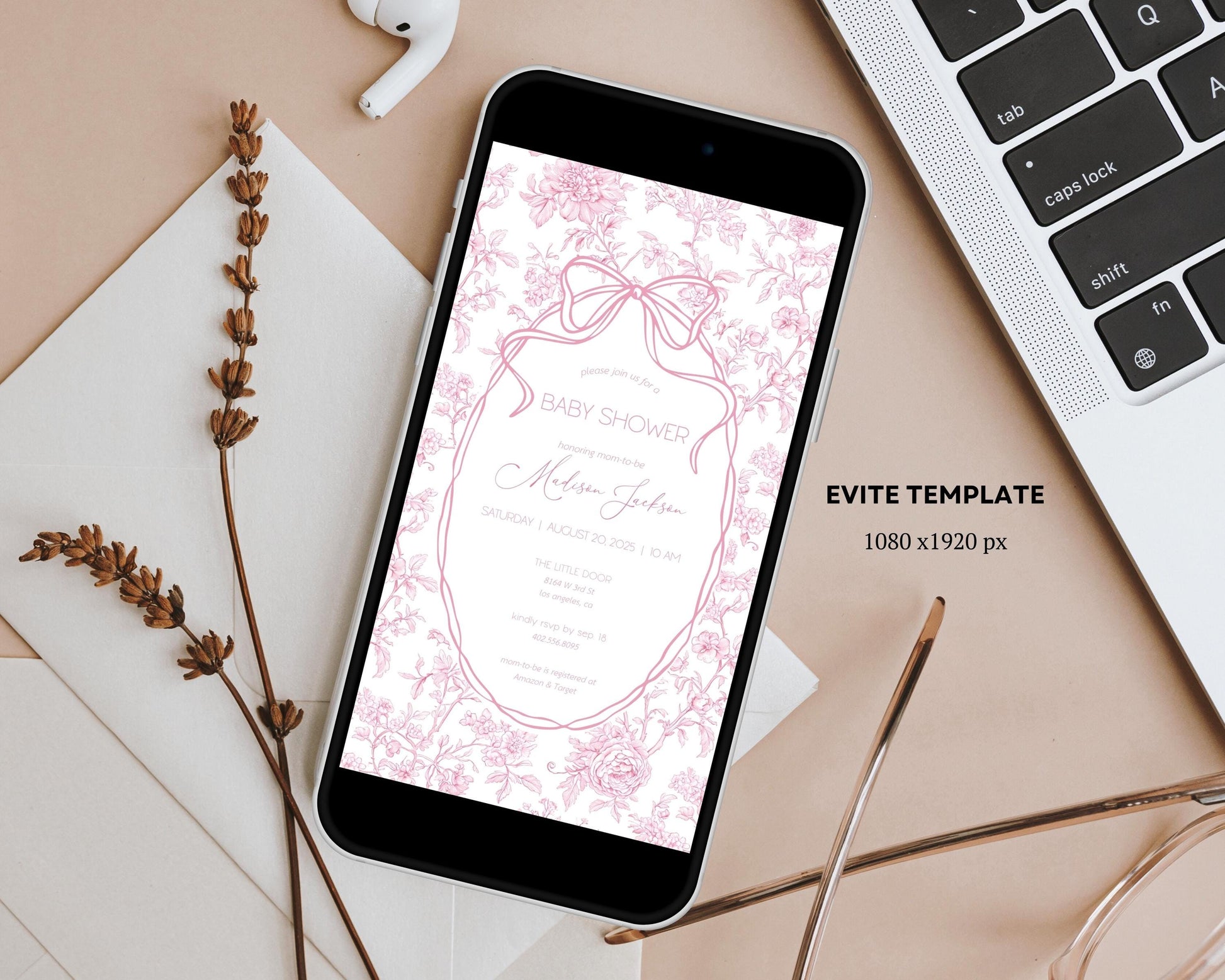 Pink Bow Mobile Invitation Template Baby Girl Shower Digital Invite Pink Floral Toile Evite Elegant Minimalist Invite Baby in Bloom Evite - LAUMIANstudio