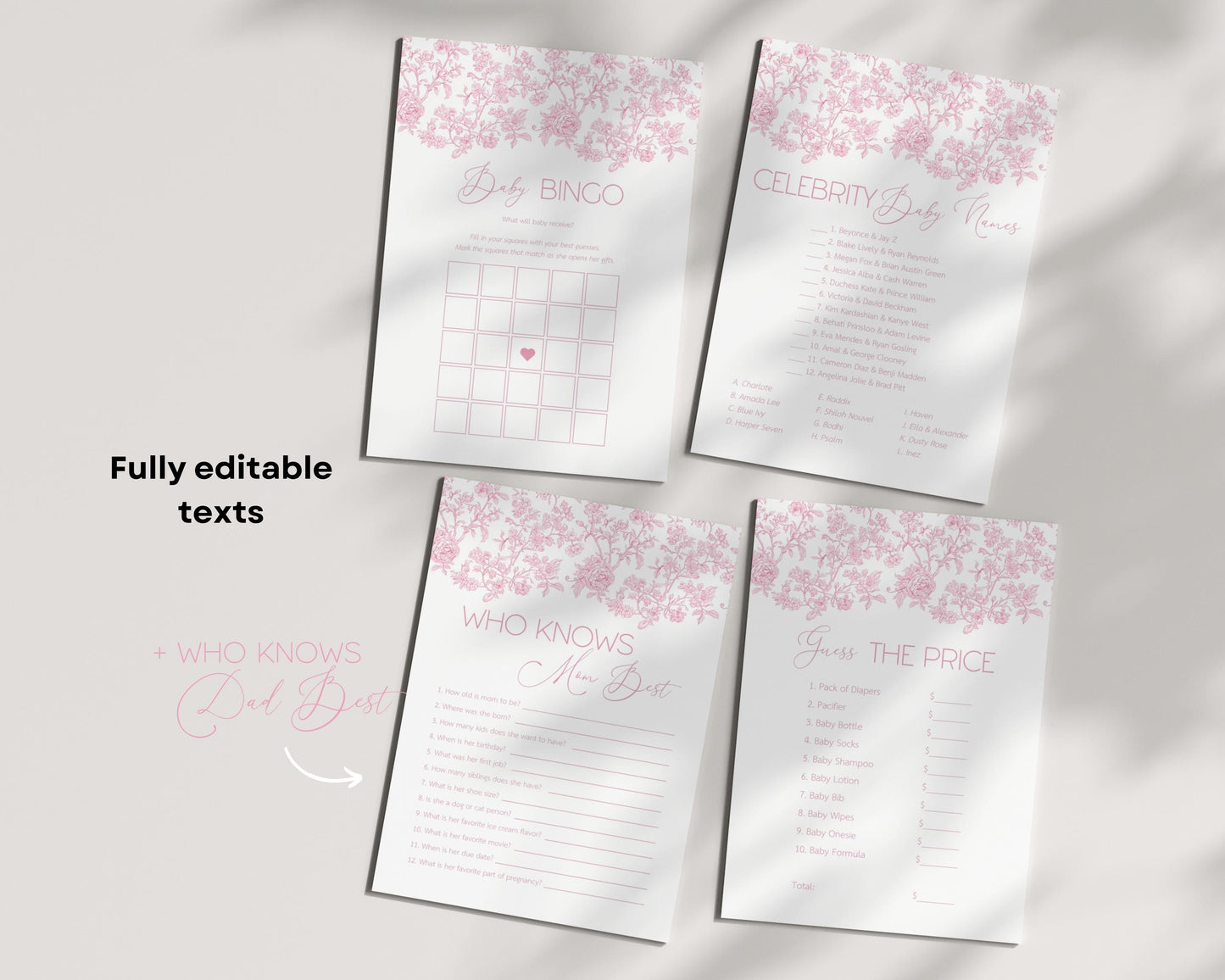 Baby in Bloom Shower Game Bundle Blush Pink Bow Baby Shower Game Set Editable Canva Template Summer Floral Shower Party Game Flower Theme - LAUMIANstudio