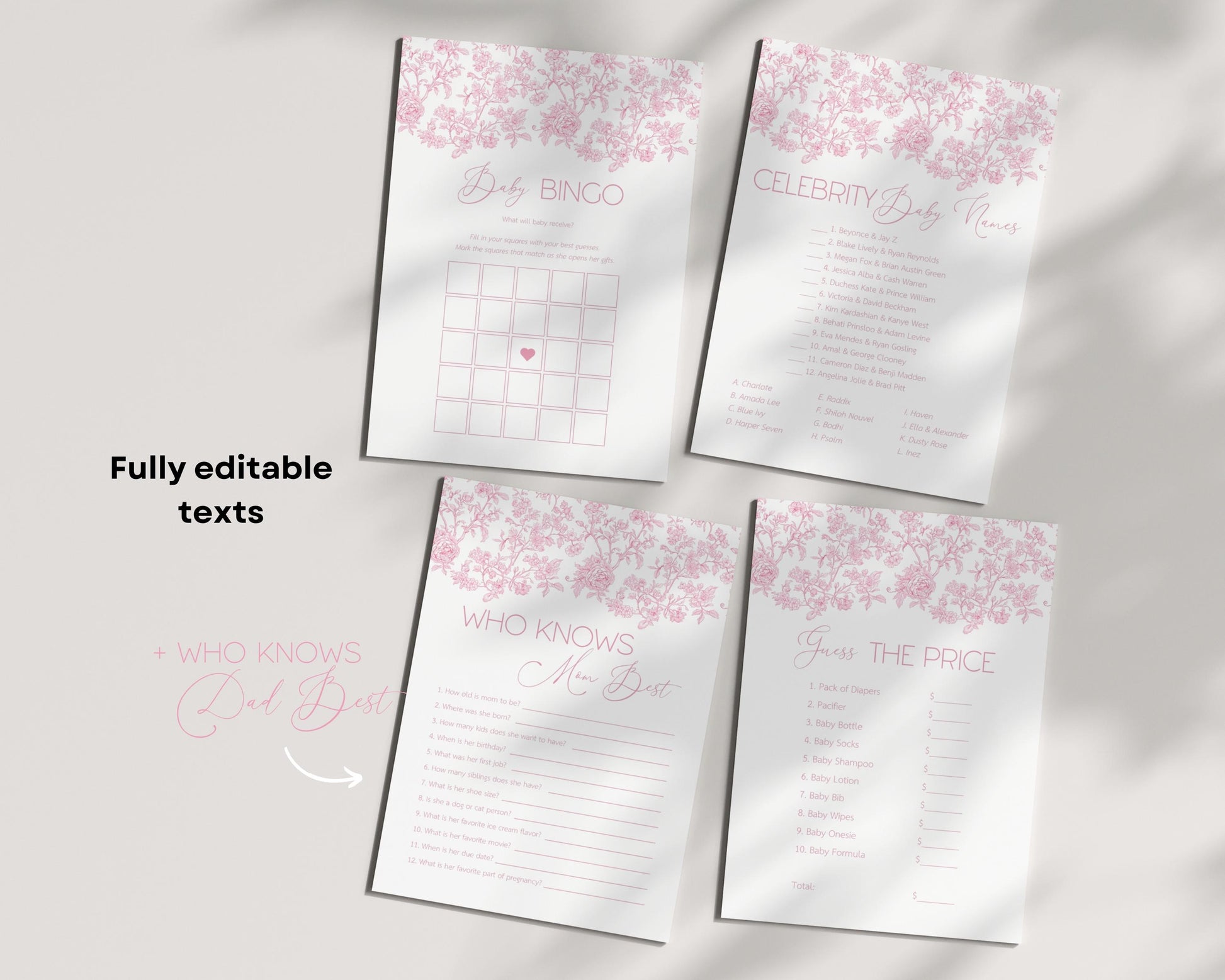 Baby in Bloom Shower Game Bundle Blush Pink Bow Baby Shower Game Set Editable Canva Template Summer Floral Shower Party Game Flower Theme - LAUMIANstudio