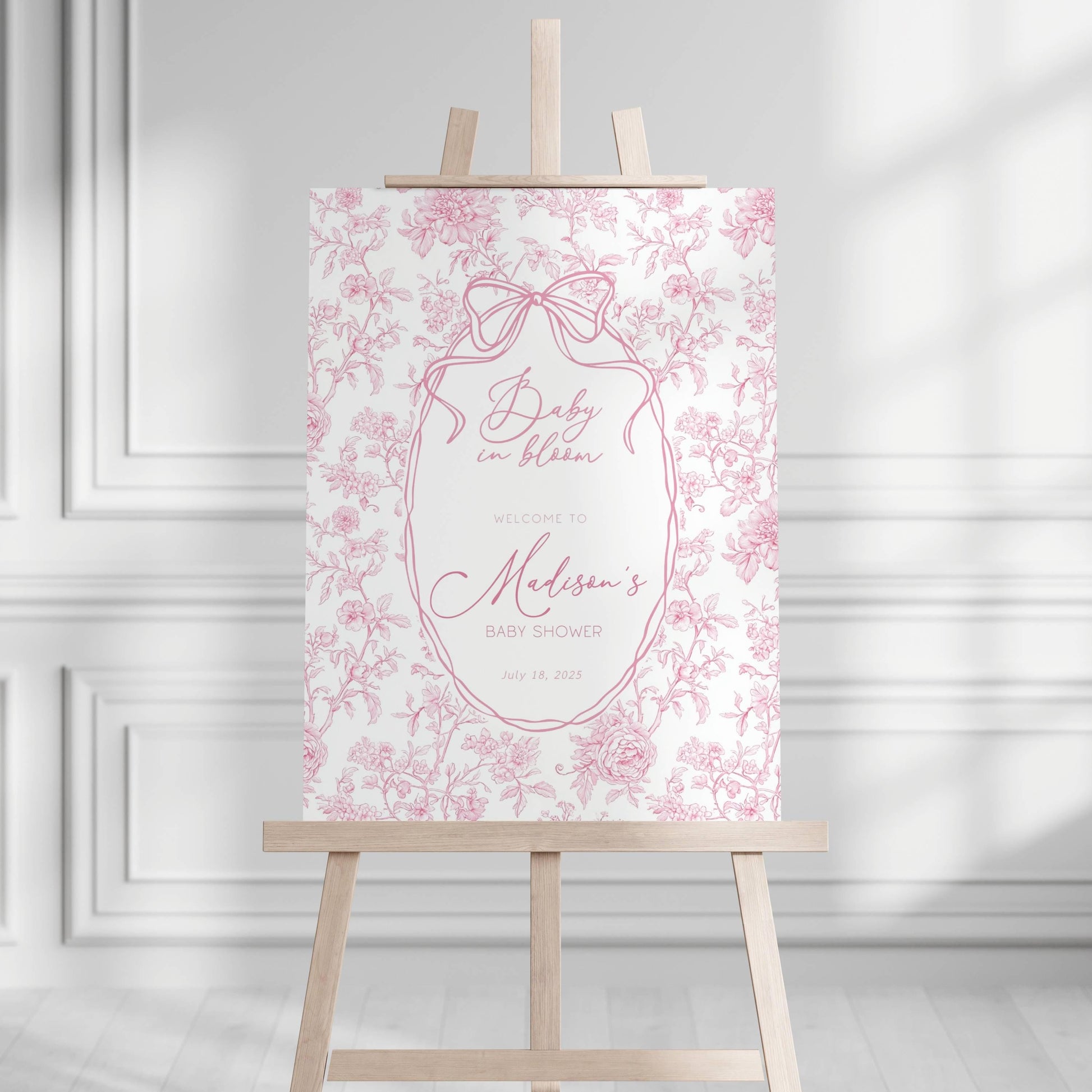 Pink Baby in Bloom Welcome Sign Template Blush Pink Toile Floral Baby Shower Sign Pink Bow Baby Girl Shower Decor Baby in Bloom Poster DIY - LAUMIANstudio
