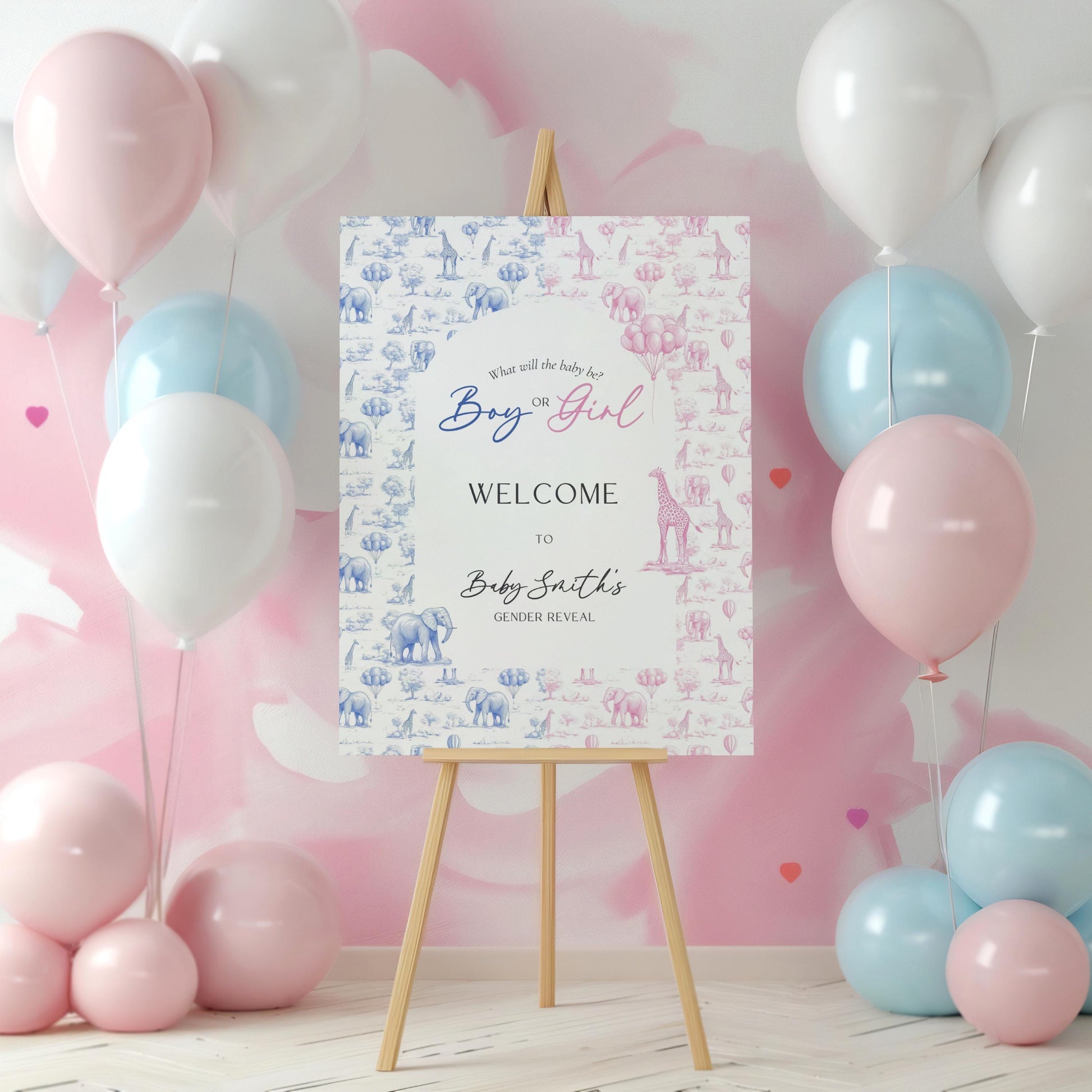 Animal Gender Reveal Welcome Sign Blue and Pink Welcome Poster Template Boy or Girl Sign DIY Elegant Giraffe Welcome Sign Baby Shower Decor - LAUMIANstudio