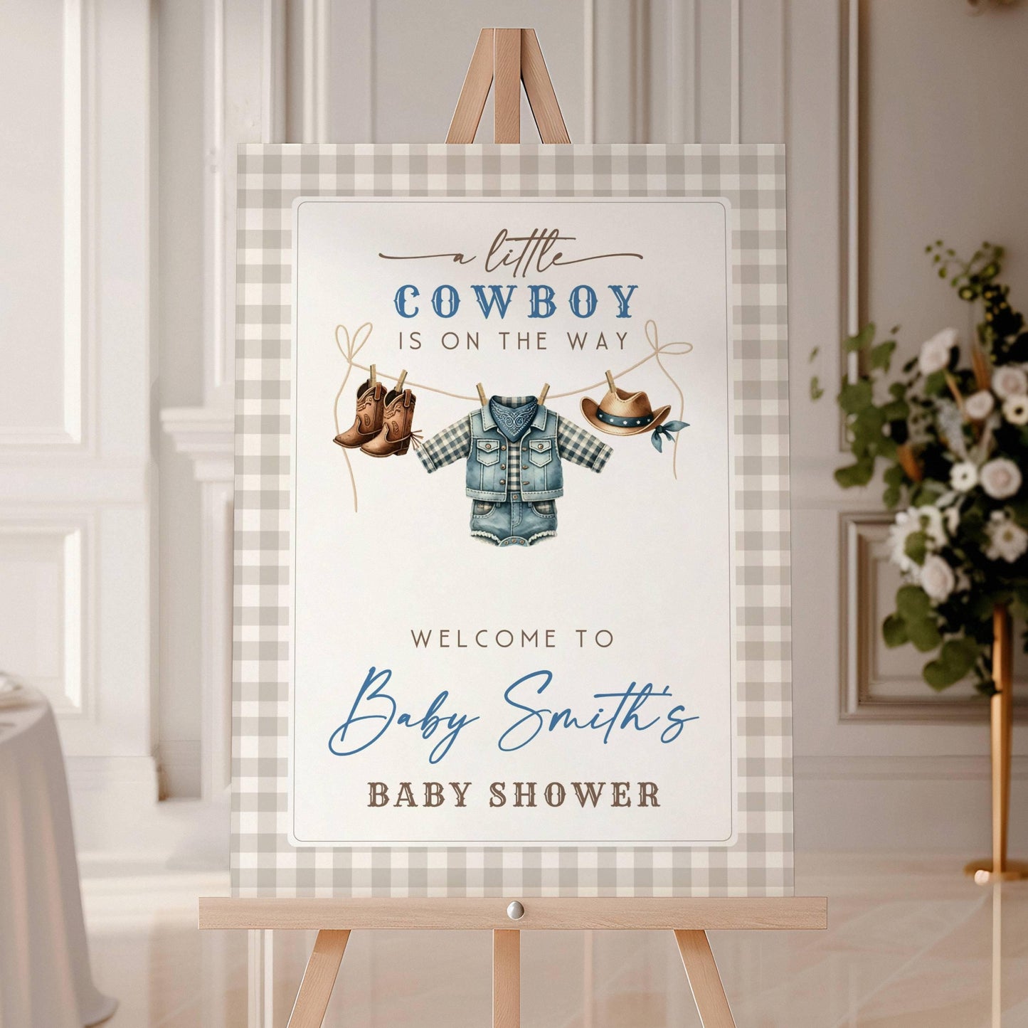 Little Cowboy Baby Shower Welcome Sign Blue Cowboy Baby Shower Sign Little Cowboy is On The Way Banner Blue Cowboy Clothesline Template DIY - LAUMIANstudio