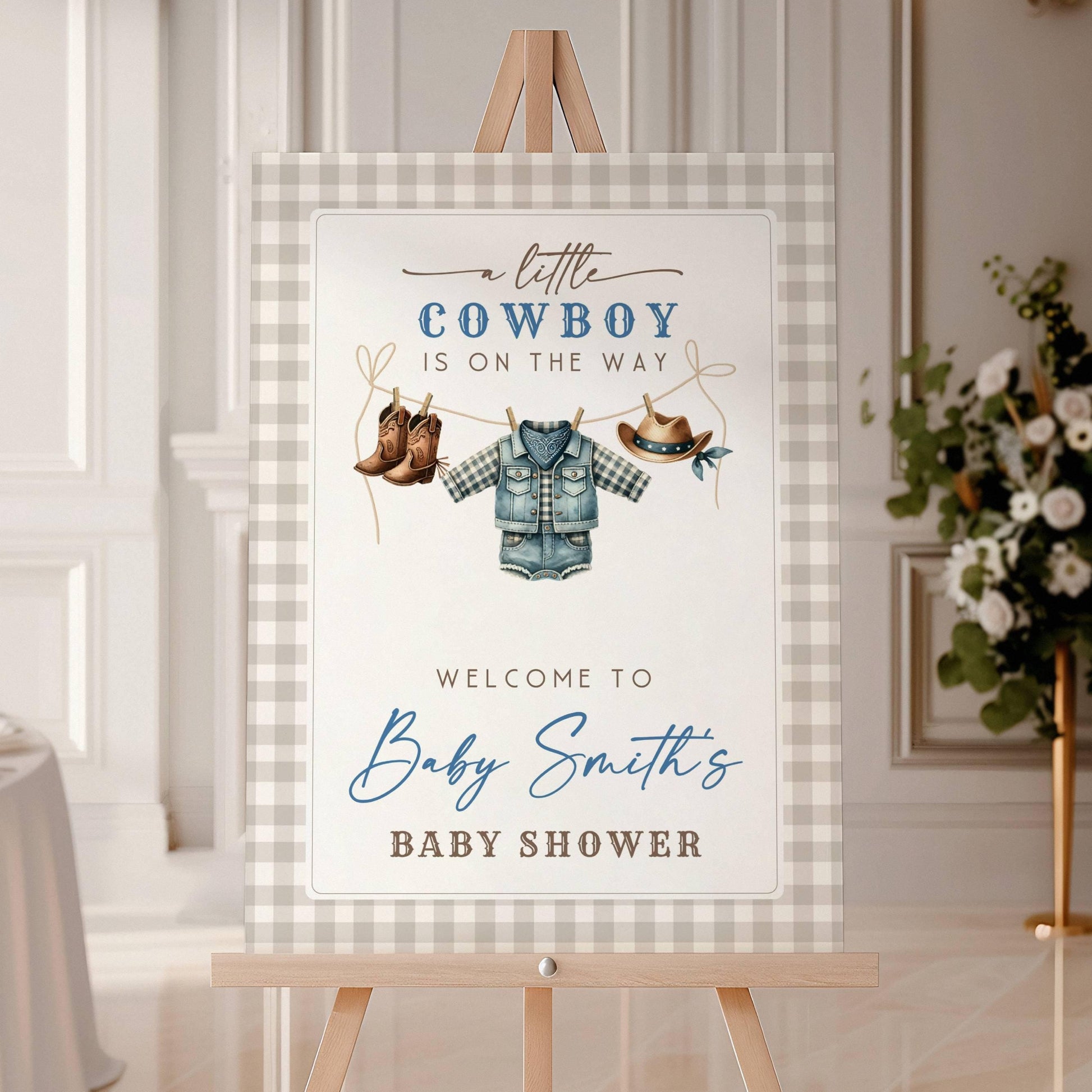 Little Cowboy Baby Shower Welcome Sign Blue Cowboy Baby Shower Sign Little Cowboy is On The Way Banner Blue Cowboy Clothesline Template DIY - LAUMIANstudio