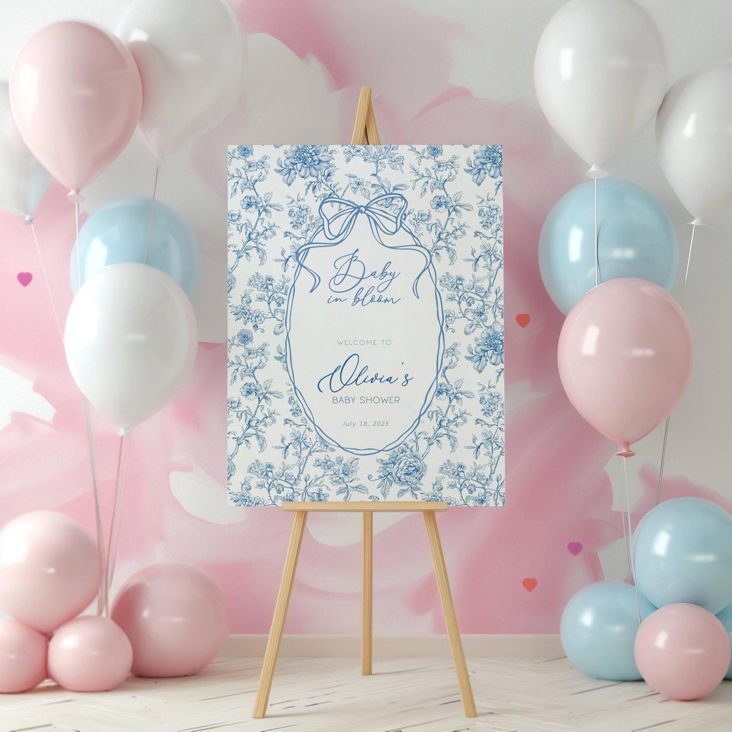 Baby in Bloom Welcome Sign Blue Floral Welcome Sign Template 18x24 Shower Welcome Sign Dusty Blue Shower Sign Garden Shower Welcome Board - LAUMIANstudio