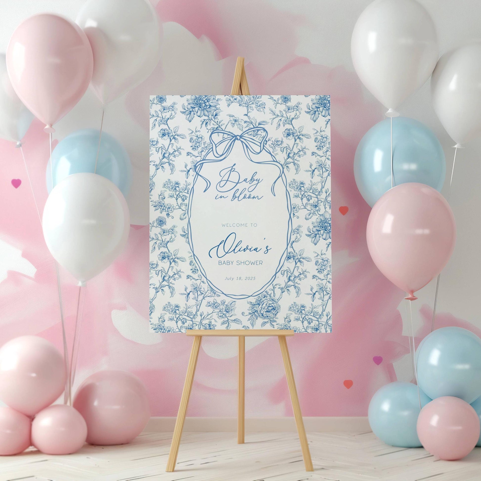 Baby in Bloom Welcome Sign Blue Floral Welcome Sign Template 18x24 Shower Welcome Sign Dusty Blue Shower Sign Garden Shower Welcome Board - LAUMIANstudio