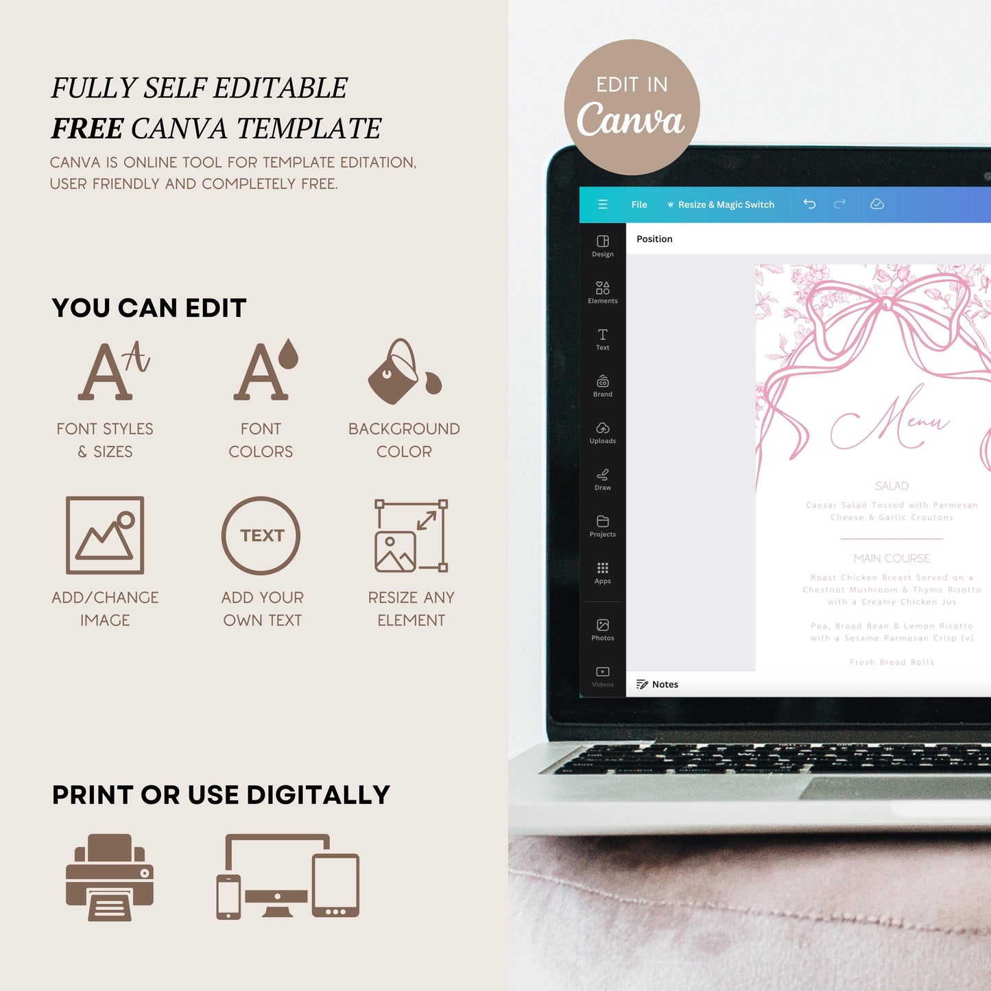 Pink Floral Brunch Menu Template Baby in Bloom Lunch Menu Card Editable Flower Meal Menu Baby Shower Brunch Card Elegant Pink Bow Menu Card - LAUMIANstudio