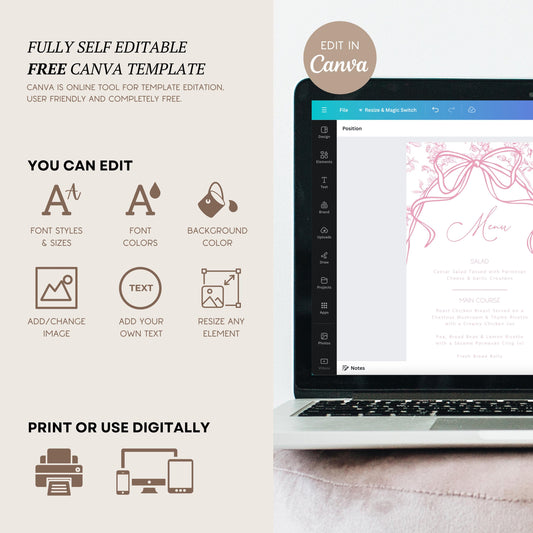 Pink Floral Brunch Menu Template Baby in Bloom Lunch Menu Card Editable Flower Meal Menu Baby Shower Brunch Card Elegant Pink Bow Menu Card - LAUMIANstudio