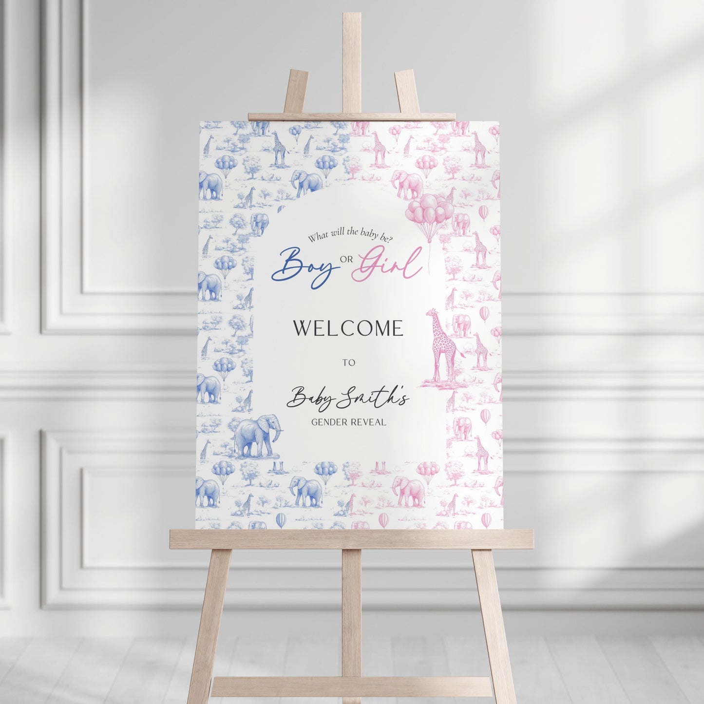 Animal Gender Reveal Welcome Sign Blue and Pink Welcome Poster Template Boy or Girl Sign DIY Elegant Giraffe Welcome Sign Baby Shower Decor - LAUMIANstudio