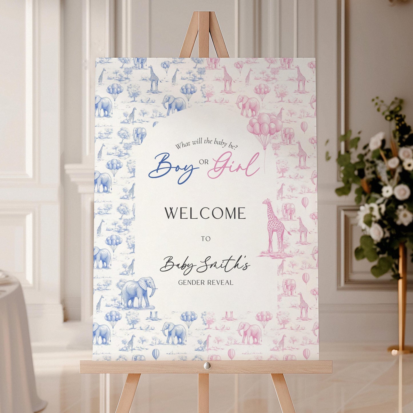 Animal Gender Reveal Welcome Sign Blue and Pink Welcome Poster Template Boy or Girl Sign DIY Elegant Giraffe Welcome Sign Baby Shower Decor - LAUMIANstudio