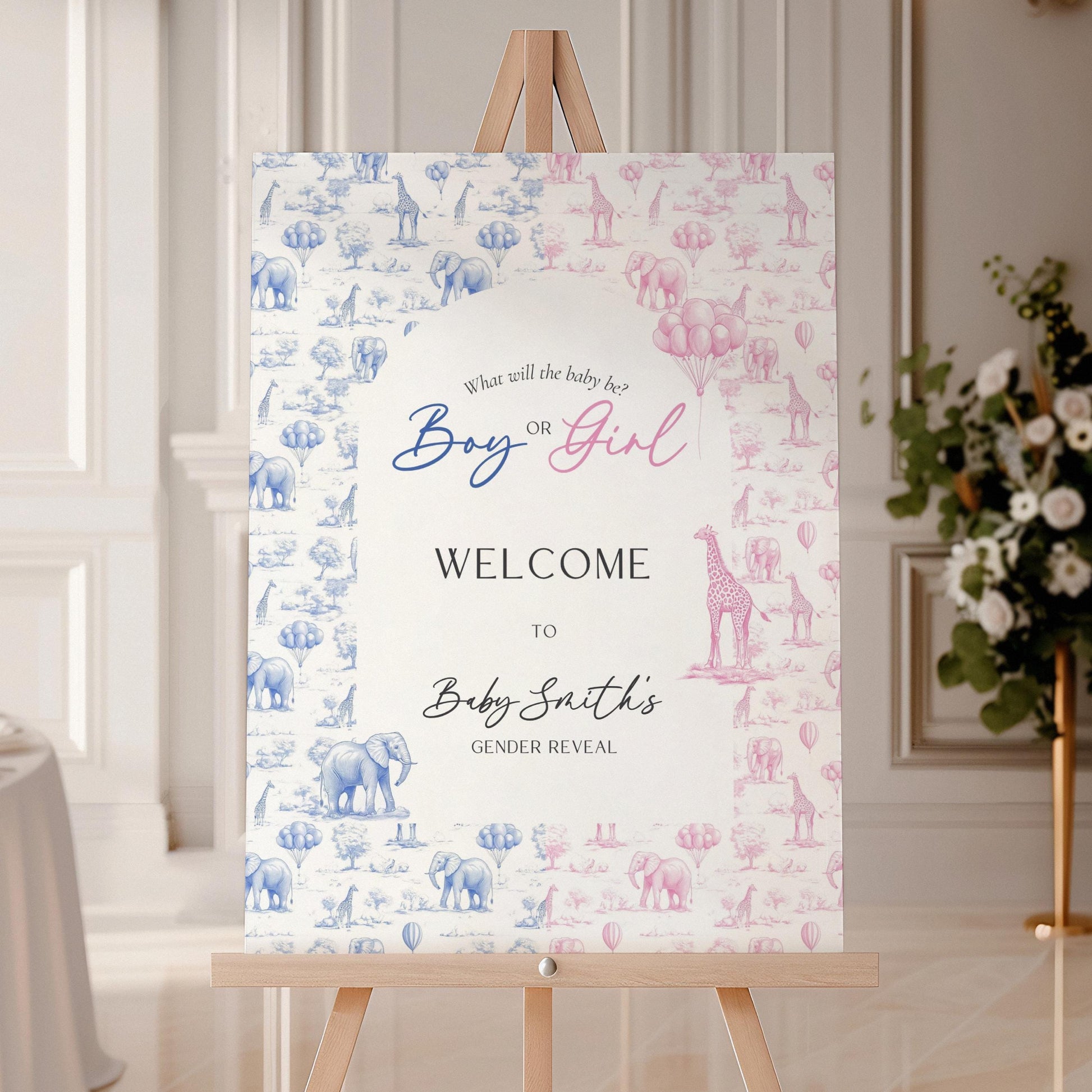 Animal Gender Reveal Welcome Sign Blue and Pink Welcome Poster Template Boy or Girl Sign DIY Elegant Giraffe Welcome Sign Baby Shower Decor - LAUMIANstudio