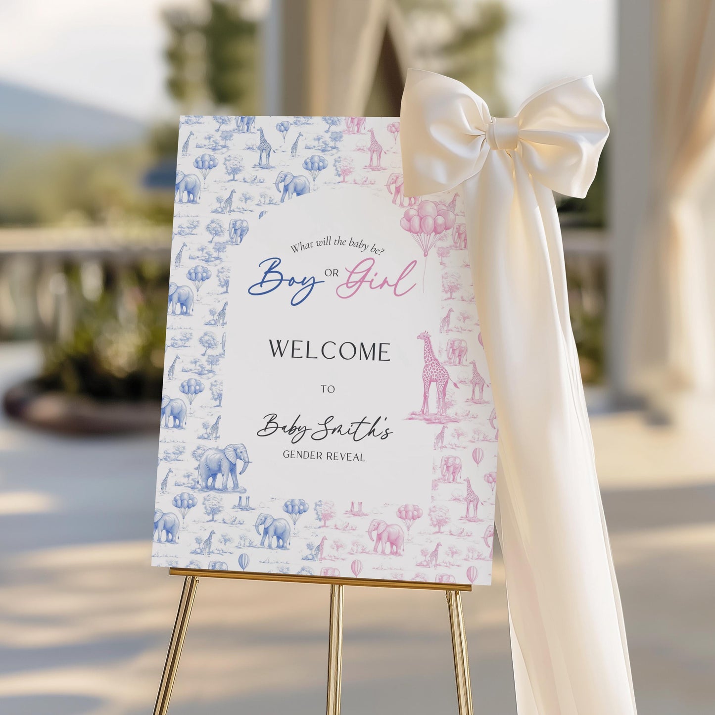 Toile Safari Gender Reveal Sign Boy or Girl Welcome Sign Pink Blue Animal Board Pink Blue Gender Reveal Welcome Sign Giraffe Elephant Sign - LAUMIANstudio