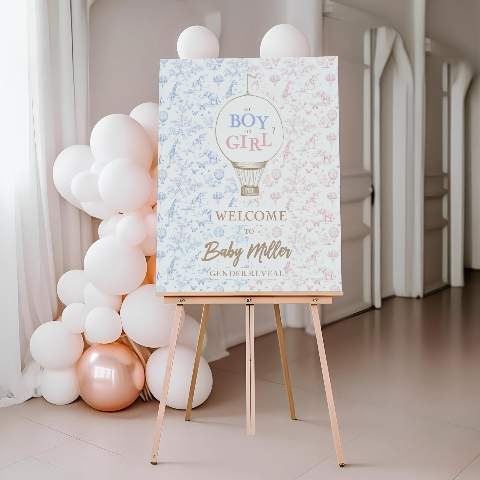 Boy or Girl Sign Custom Blue Pink Gender Reveal DIY Template Pastel Gender Reveal Welcome Sign Editable Baby Shower Board Hot Air Balloon - LAUMIANstudio