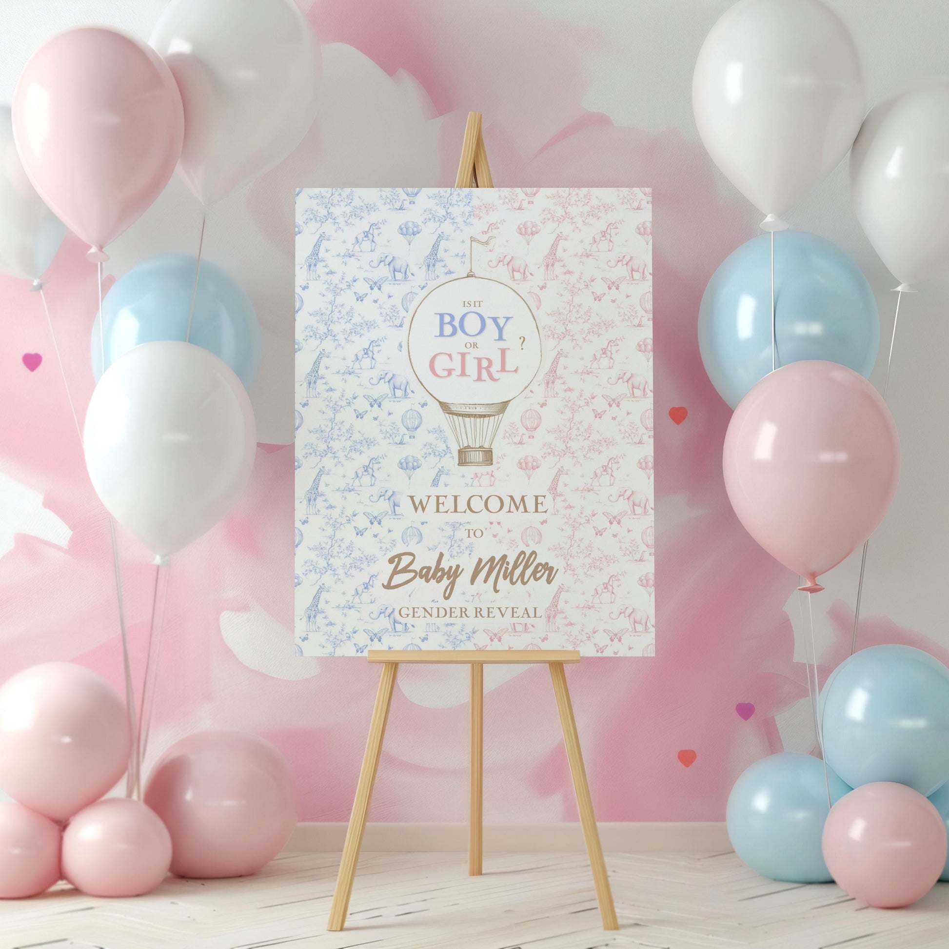 Boy or Girl Sign Custom Blue Pink Gender Reveal DIY Template Pastel Gender Reveal Welcome Sign Editable Baby Shower Board Hot Air Balloon - LAUMIANstudio
