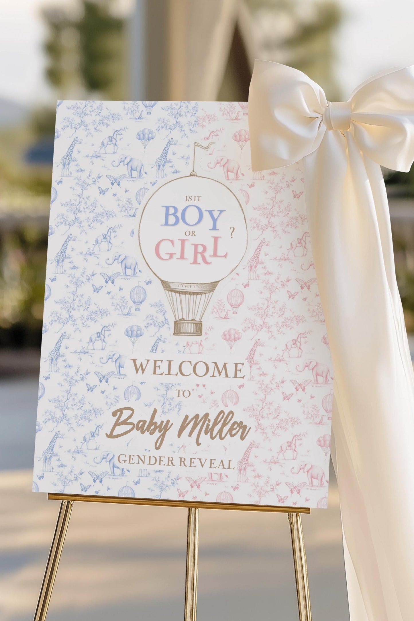 Boy or Girl Sign Custom Blue Pink Gender Reveal DIY Template Pastel Gender Reveal Welcome Sign Editable Baby Shower Board Hot Air Balloon - LAUMIANstudio