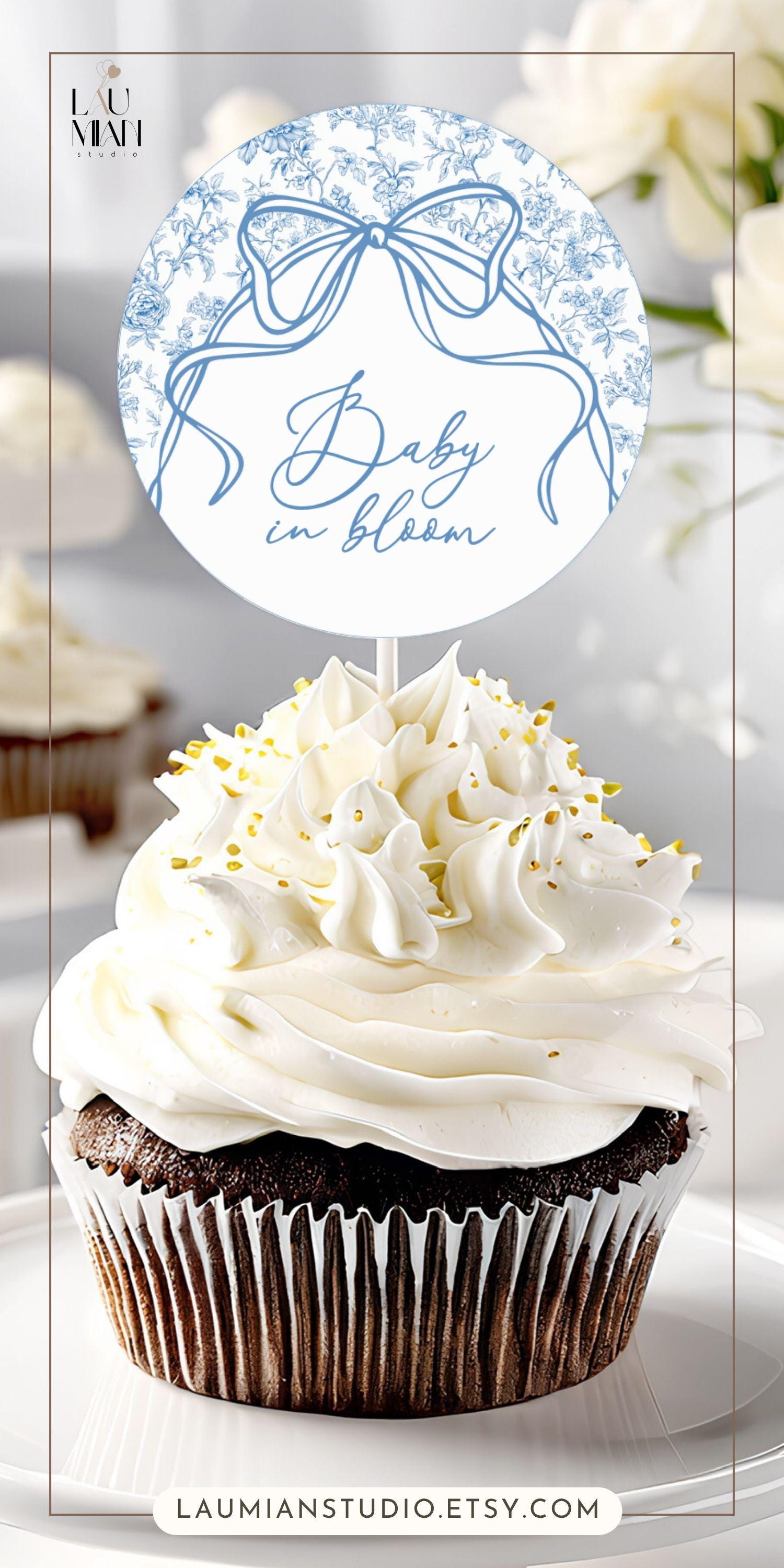Elegant Blue Floral Cupcake Topper Dusty Blue Cake Decor Oh Boy Circle Editable Template Oh Boy Decor Elegant Toile Flower Dessert Topper - LAUMIANstudio