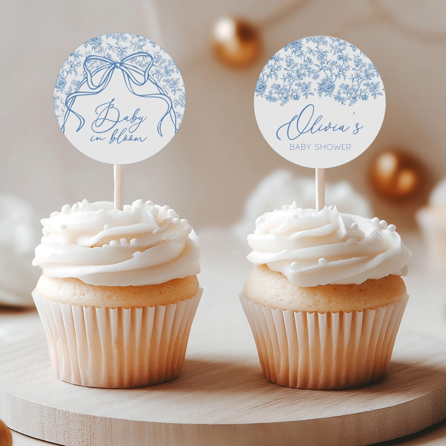Elegant Blue Floral Cupcake Topper Dusty Blue Cake Decor Oh Boy Circle Editable Template Oh Boy Decor Elegant Toile Flower Dessert Topper - LAUMIANstudio