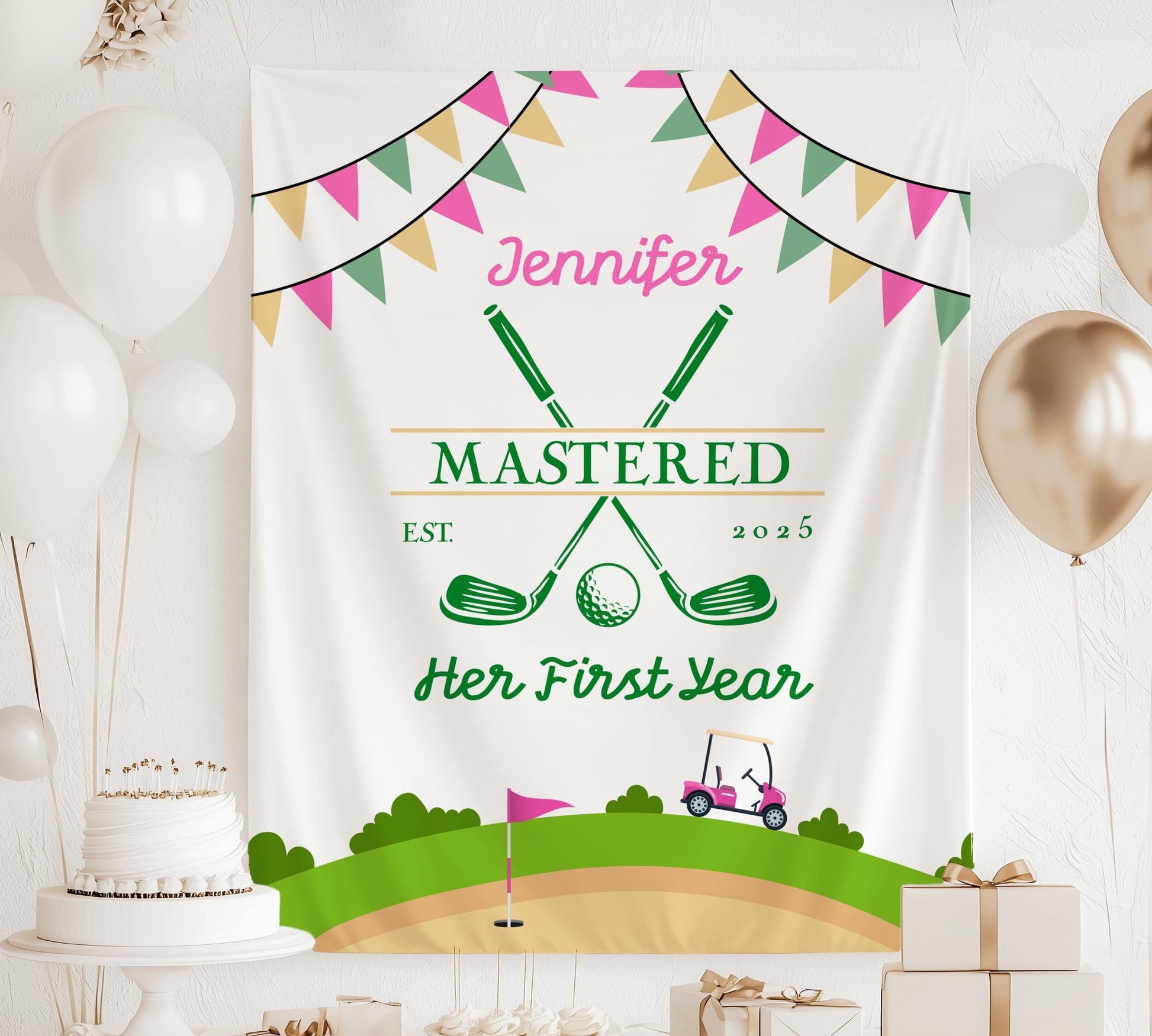 Pink Golf First Birthday Banner Baby Girl 1st Birthday Golf Photo Banner Custom Pink Masters Birthday Backdrop Girl First Birthday Golf Sign - LAUMIANstudio