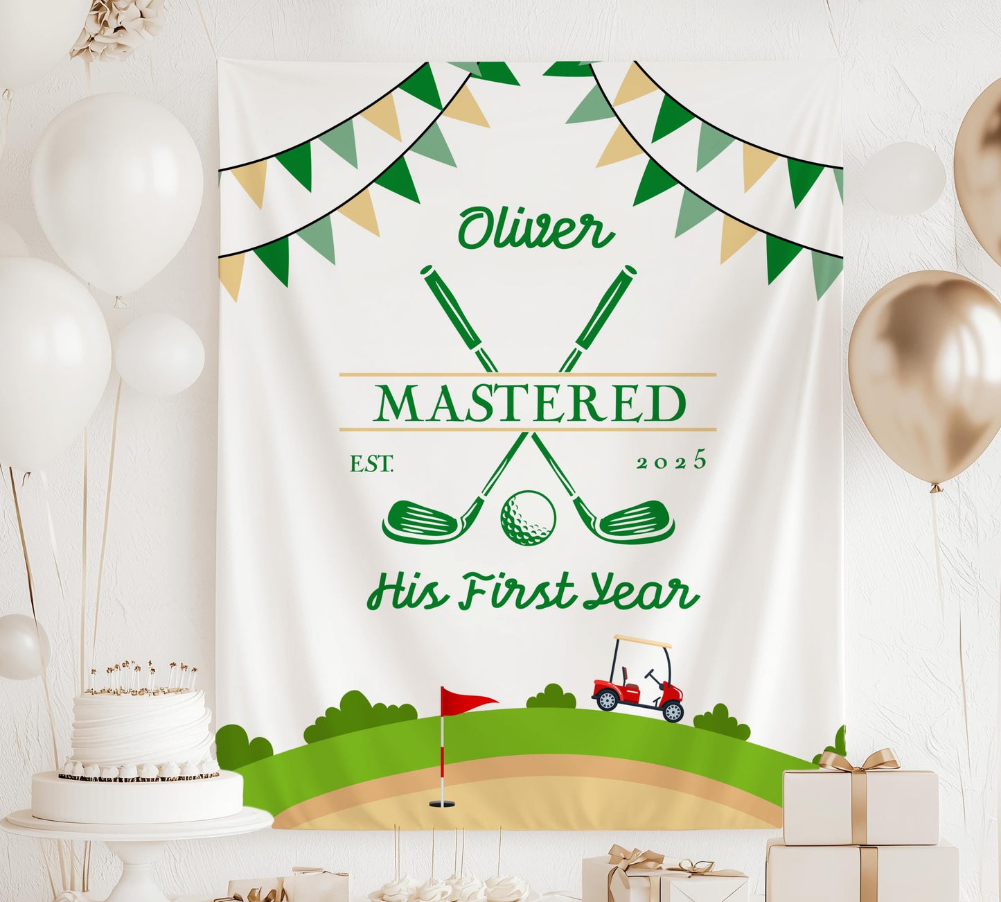 Mastered 1st Birthday Golf Banner Golf First Birthday Party Decoration Golf Hole Tapestry for Kid Birthday Part Mastered First Year Banner - LAUMIANstudio
